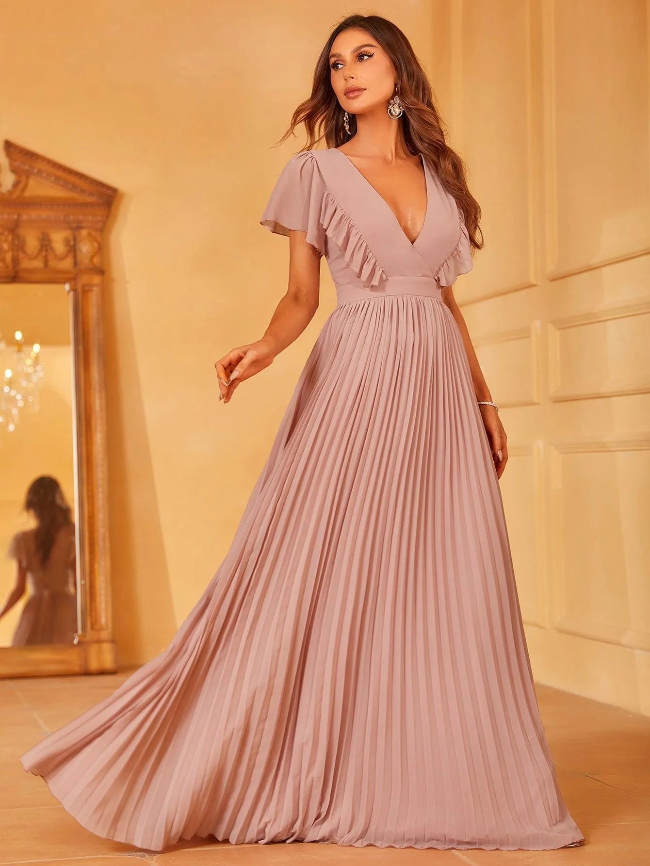 Ruffled Sleeves Pleated Chiffon A Line Dress