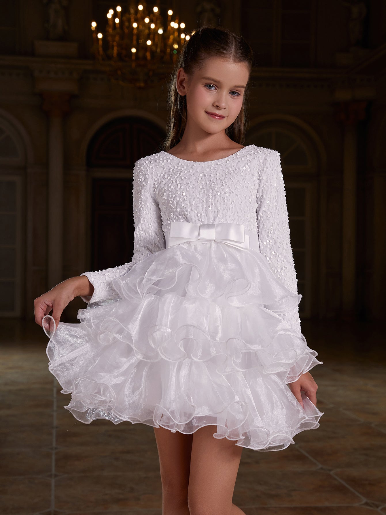 Girl's Sequin Contrast Layered Organza Hem Dress