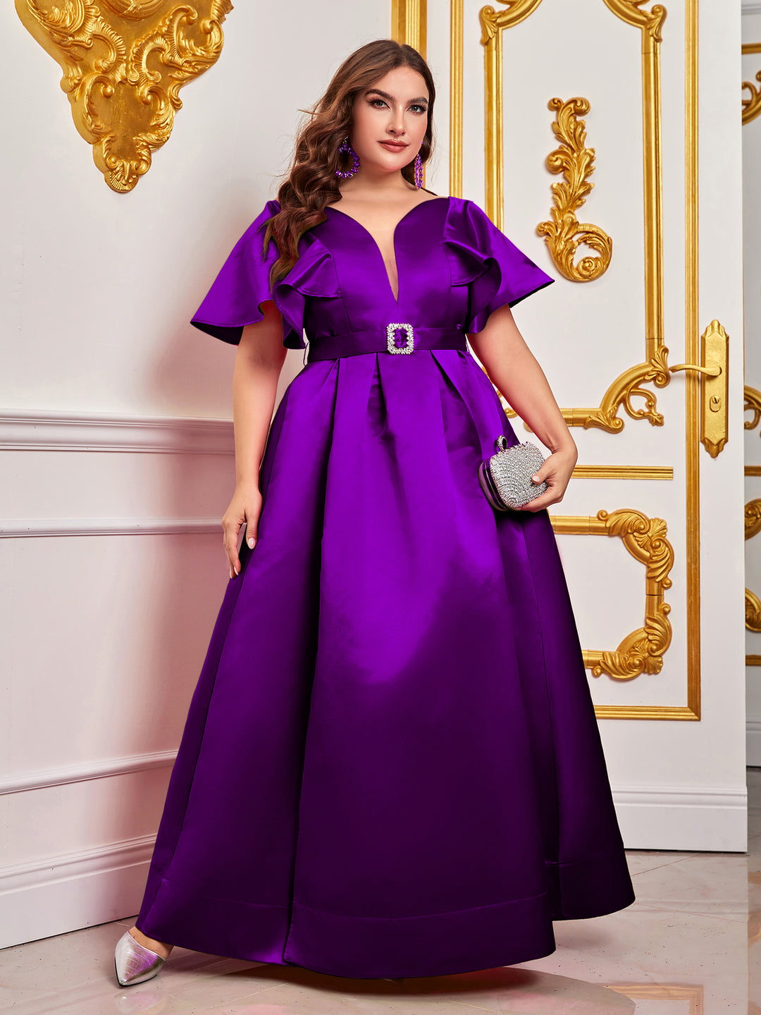 Plus Rhinestone Detail Belted Ruffle Sleeve Satin Dress