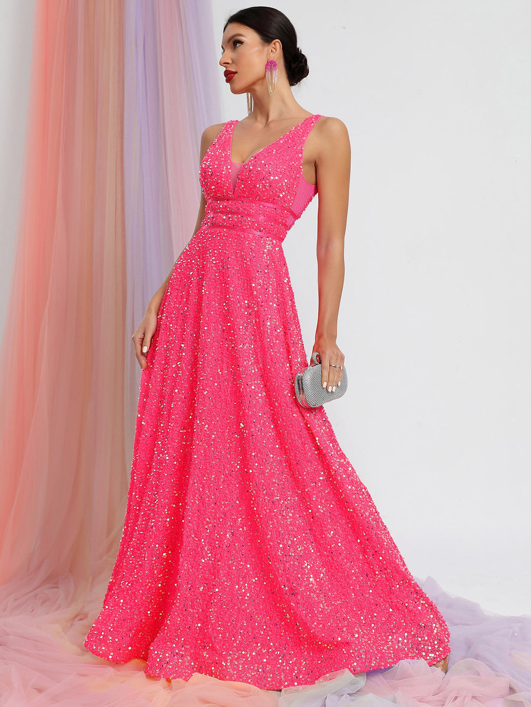 Elegant V Neck Sleeveless Sequin A-line Dresses