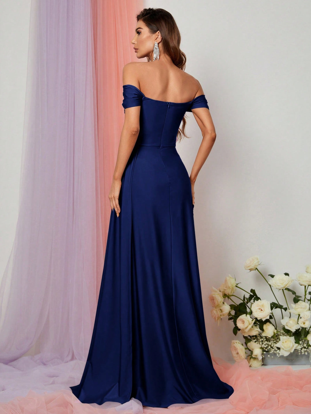 Elegant Off Shoulder Short Sleeve Satin Slit Dresses