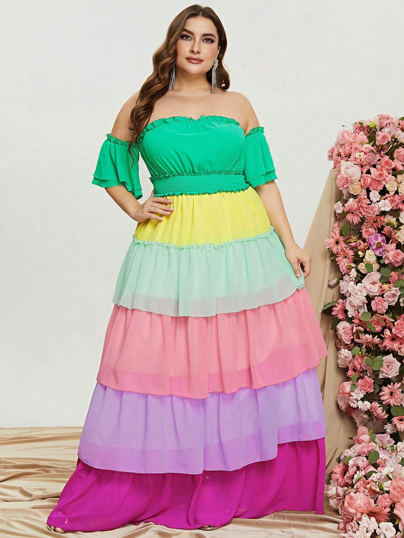 Plus Off Shoulder Ruffle Sleeve Color Block Chiffon Layered Dresses