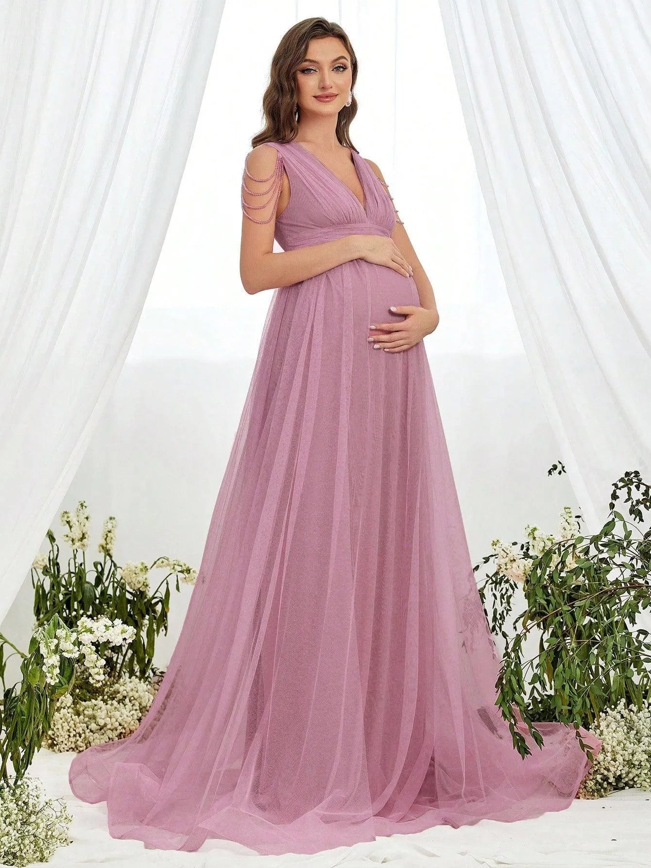 Maternity Chain Detail Plunging Neck Mesh Formal Dress