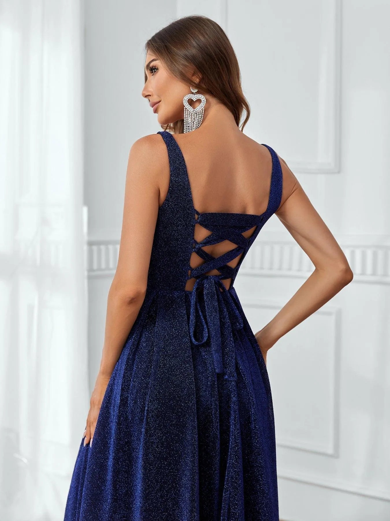 Elegant Square Collar Backless Lace Up  Pleated Glitter Dress