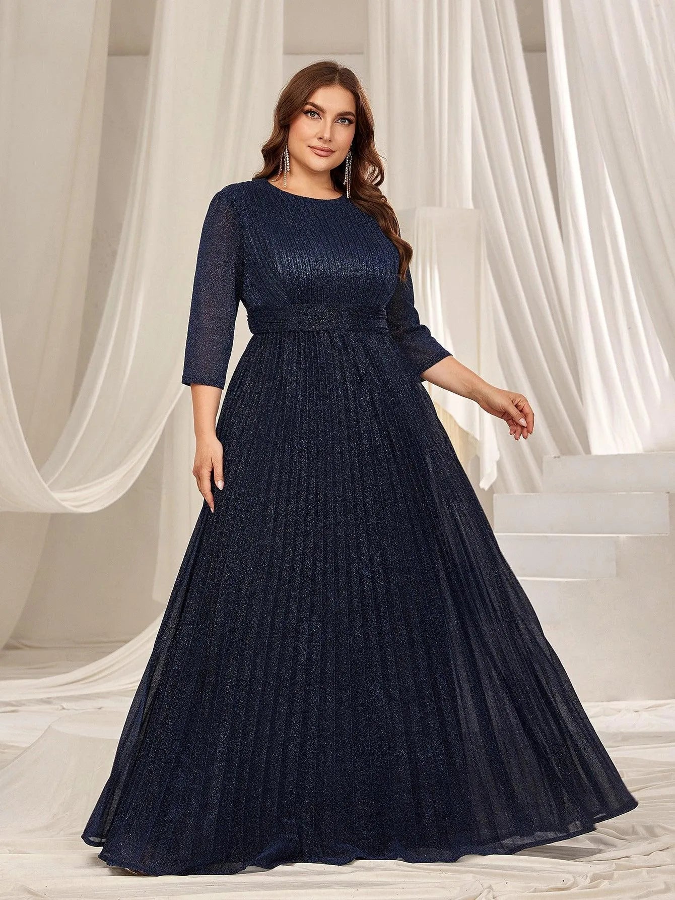 Plus Glitter 3/4 Sleeves Pleated A Line Evening Dress