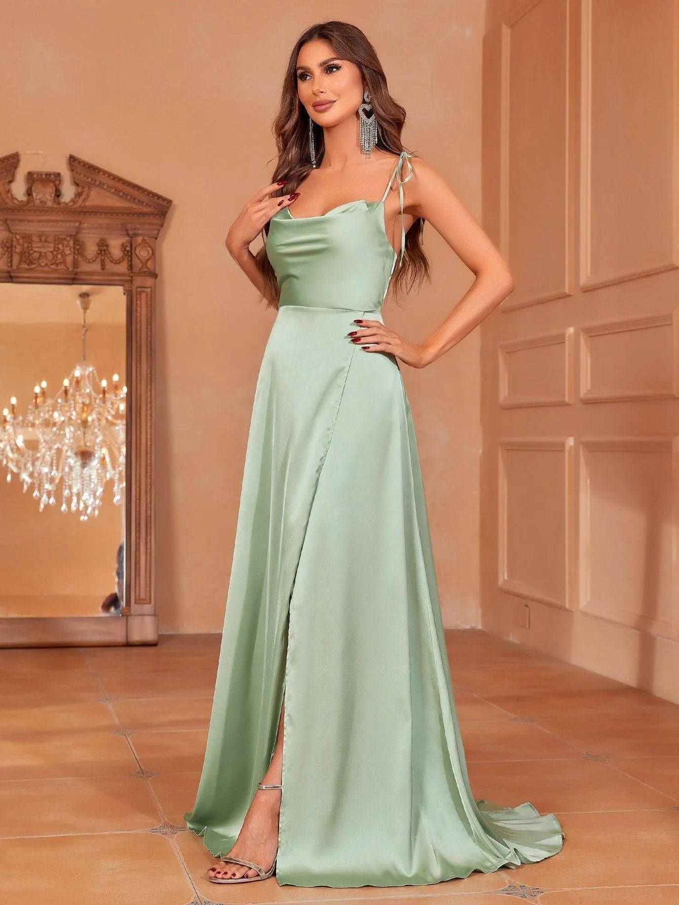 Elegant Tie Shoulder Satin Bridesmaid Dress