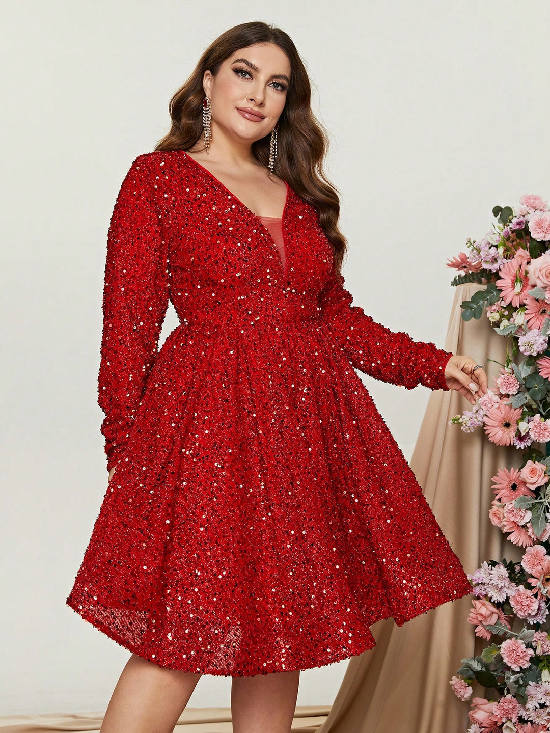 Plus Size V Neck Long Sleeve Sequin Mini A Line Dress