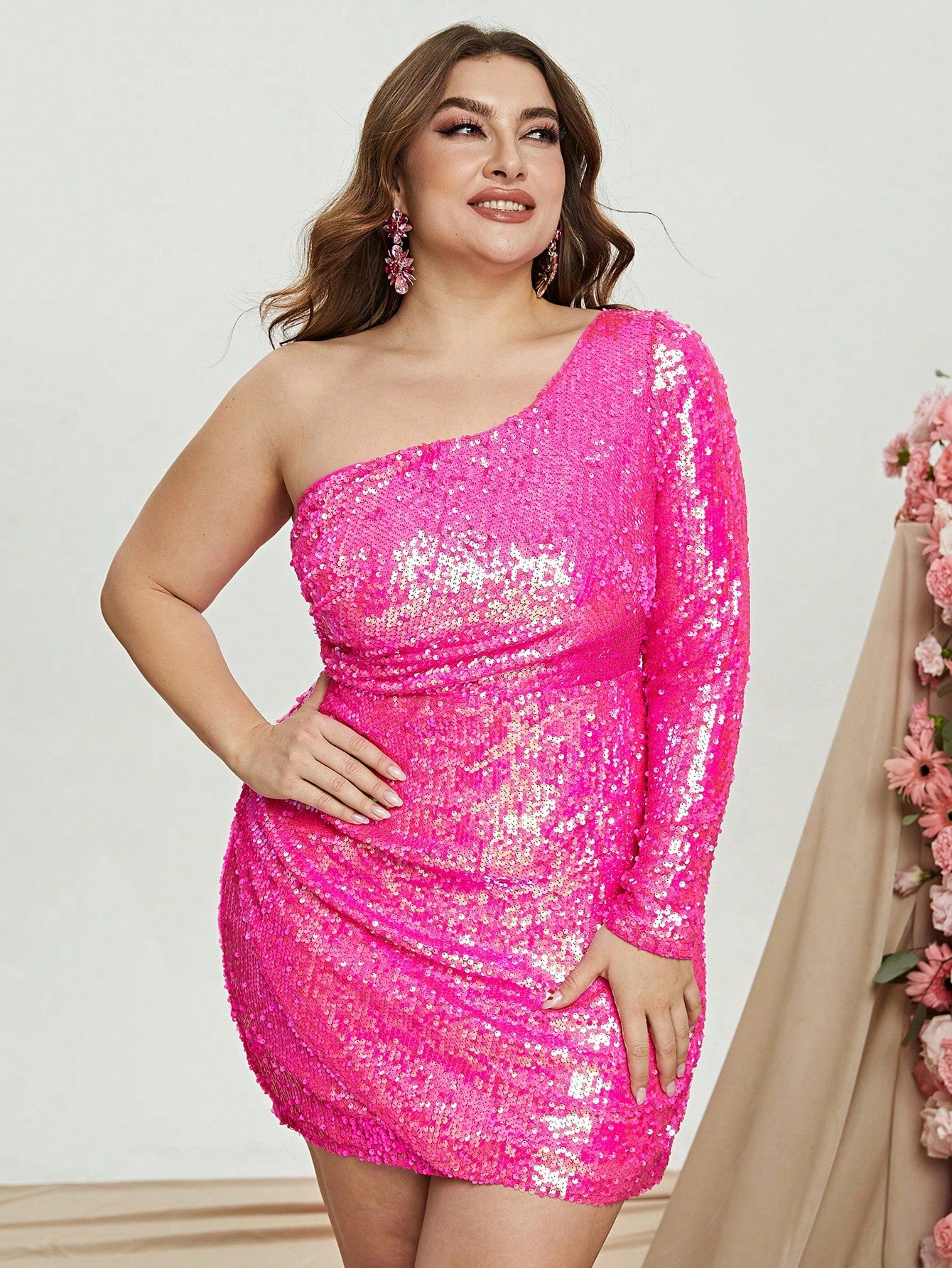 Plus One Shoulder Long Sleeve Sequin Party Dress