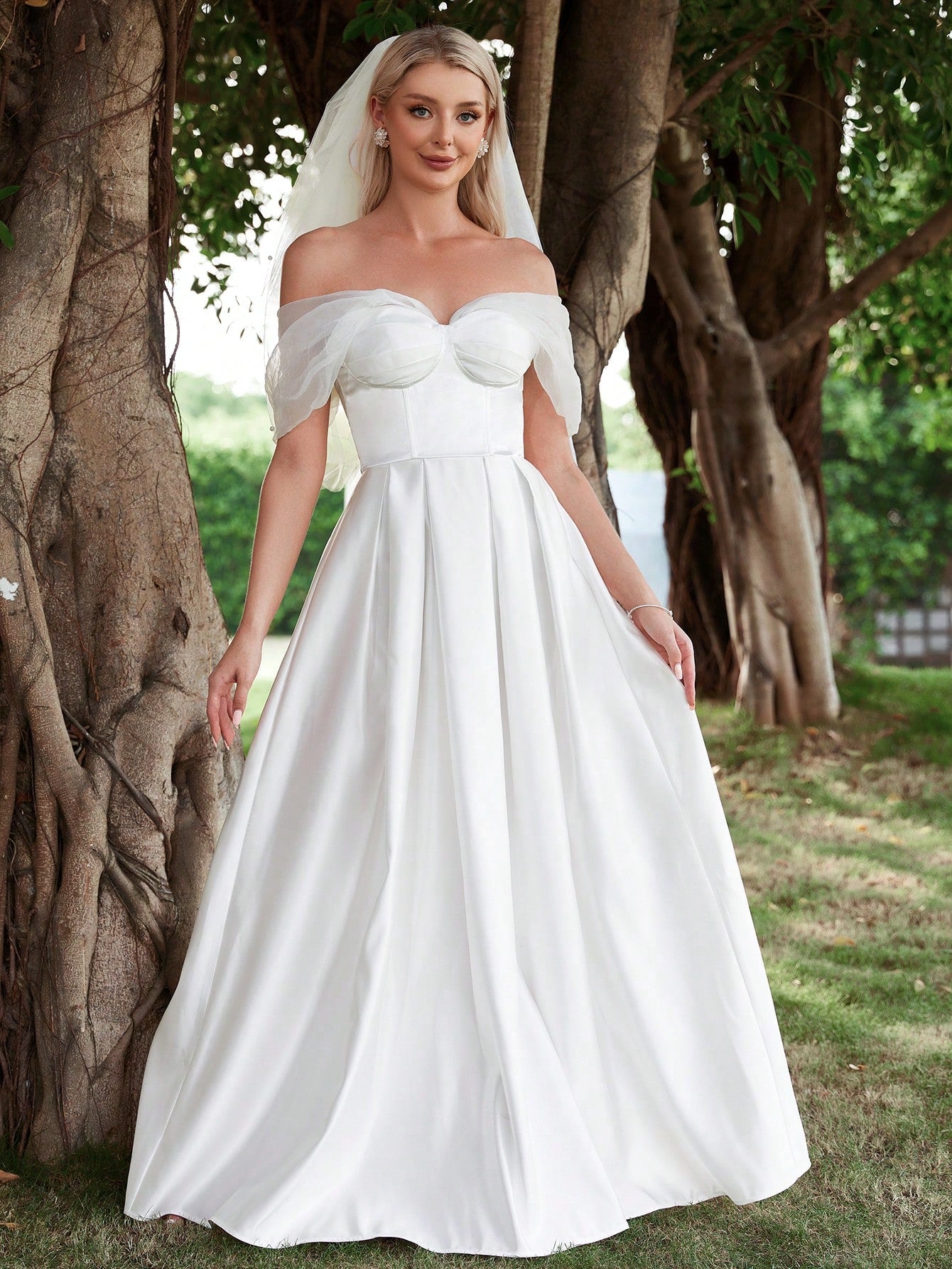 Off Shoulder Ruched Bust Satin Wedding Dress