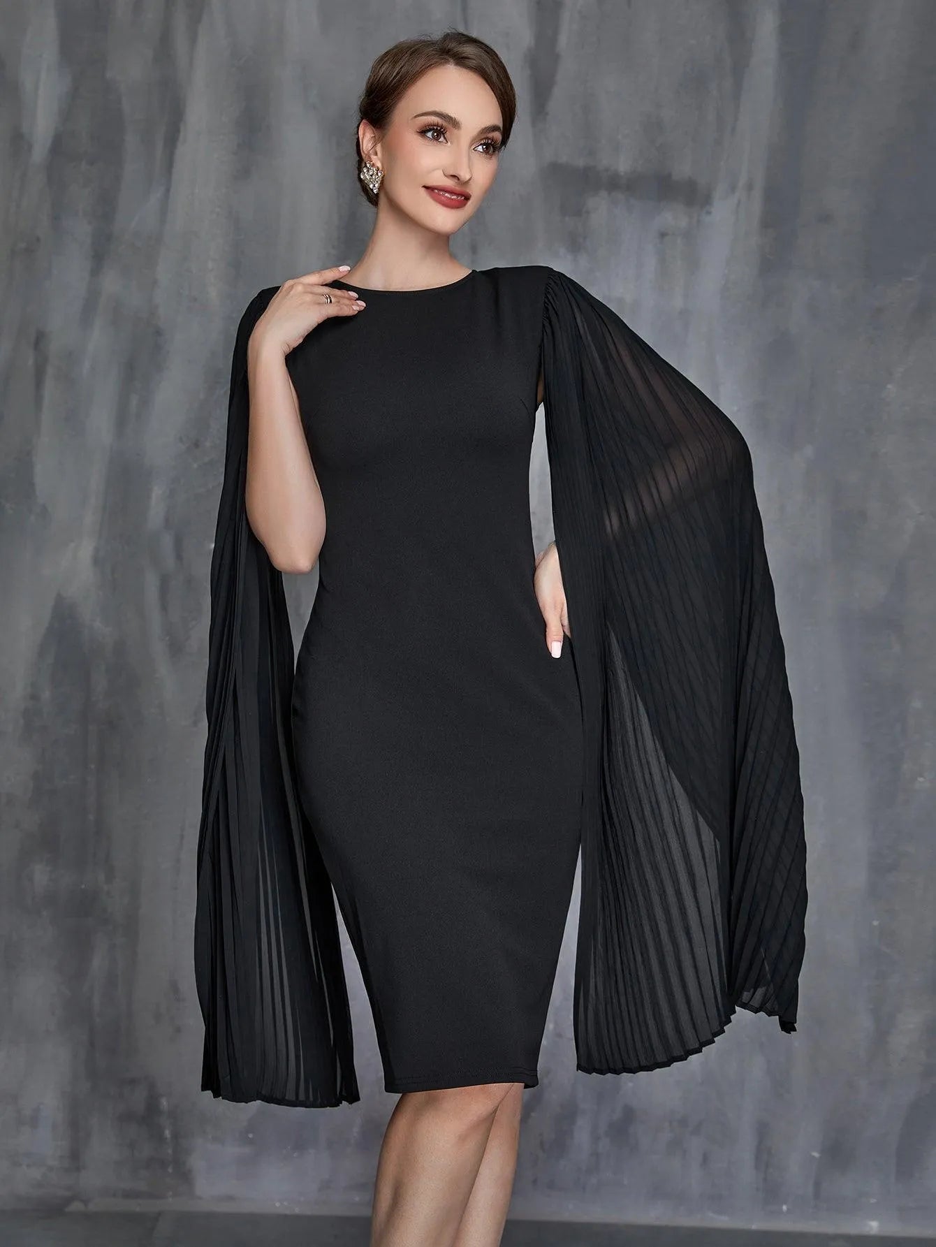 Womens' Pleated Cloak Sleeves Midi Dress