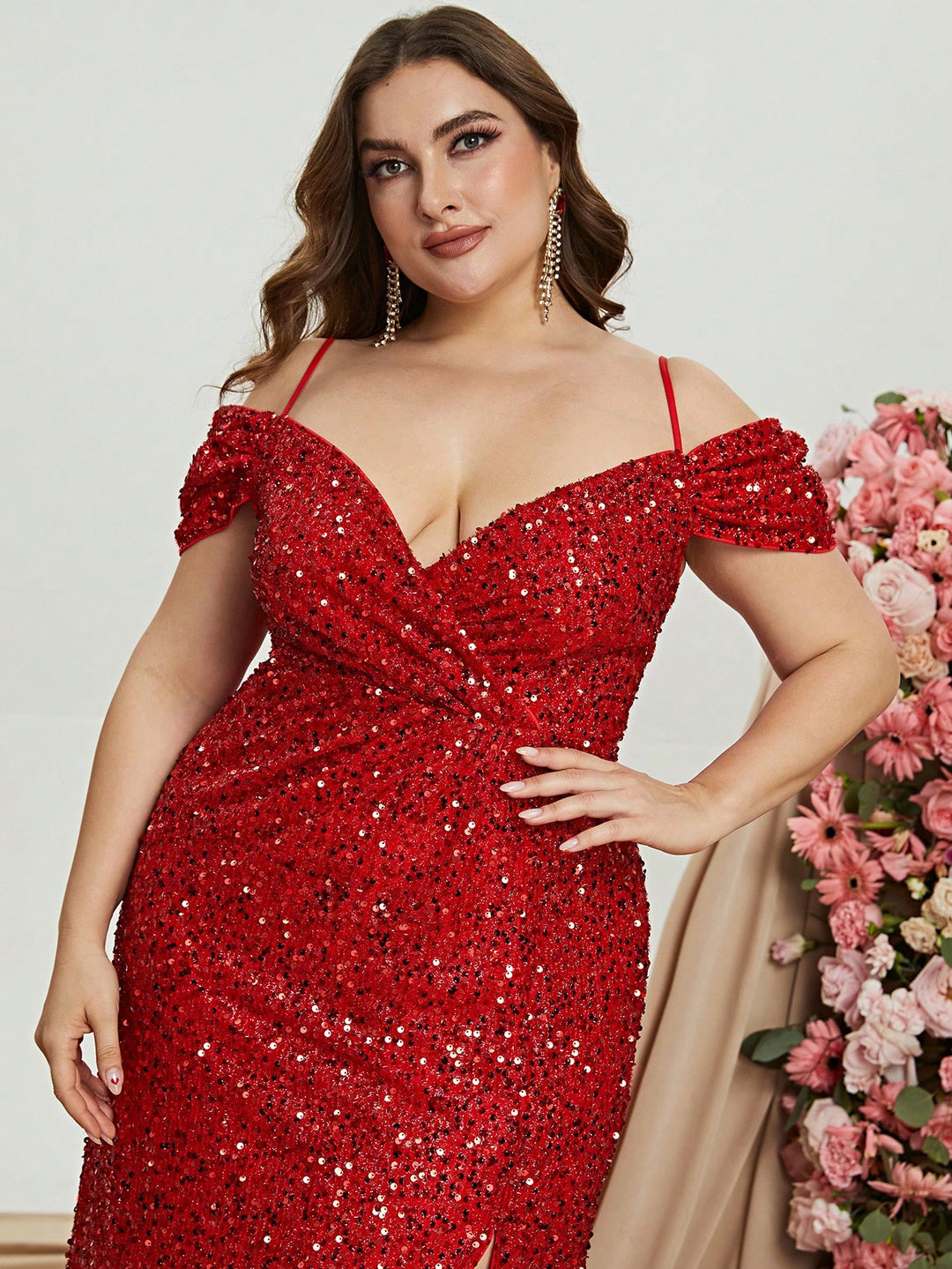 Plus Elegant Off Shoulder Short Sleeve Sequin A Line Slit Dresses