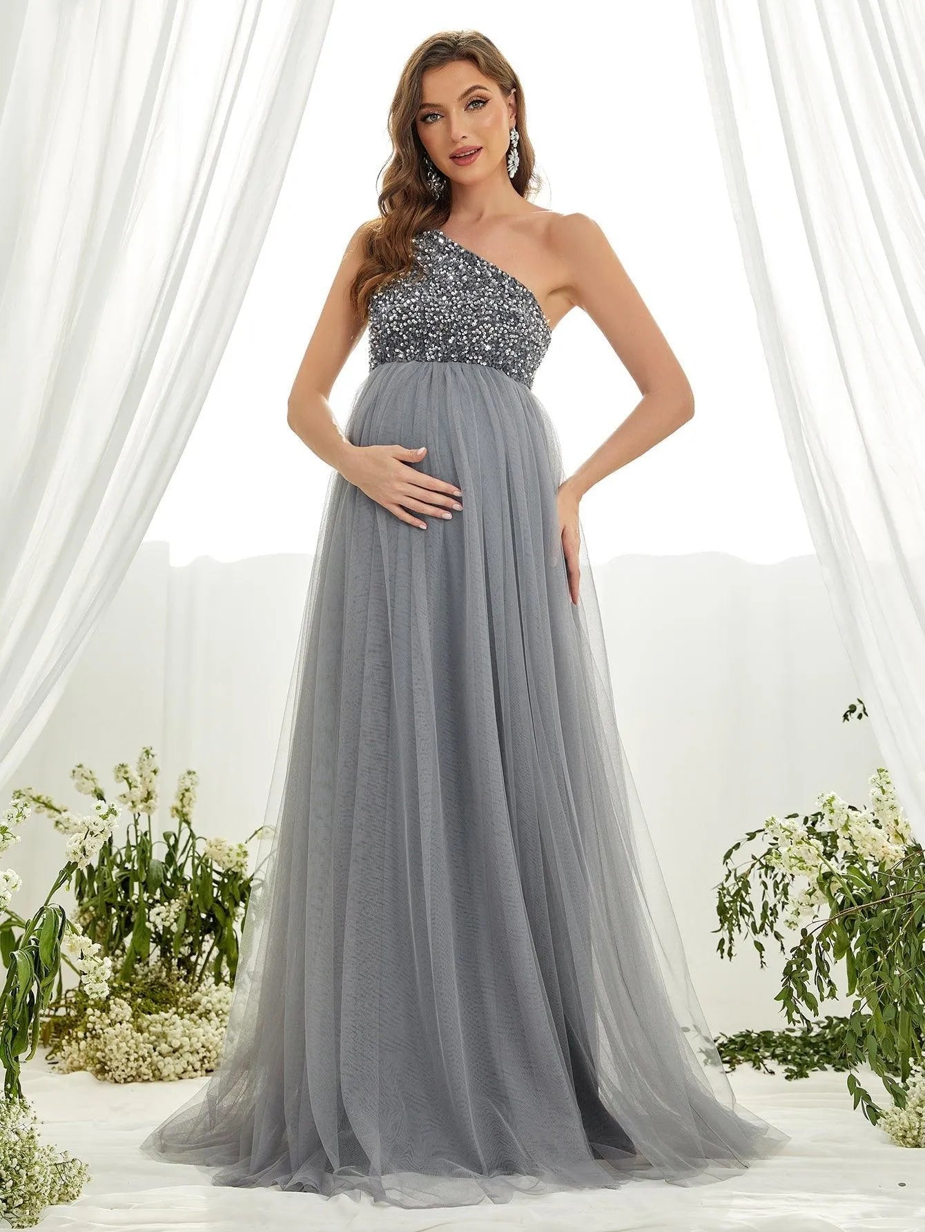 Maternity One Shoulder Contrast Sequin Mesh Party Dress