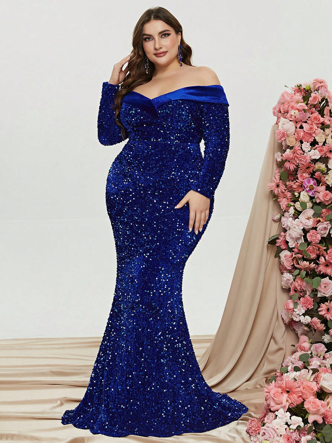 Plus Off Shoulder Long Sleeve Sequin Mermaid Dresses