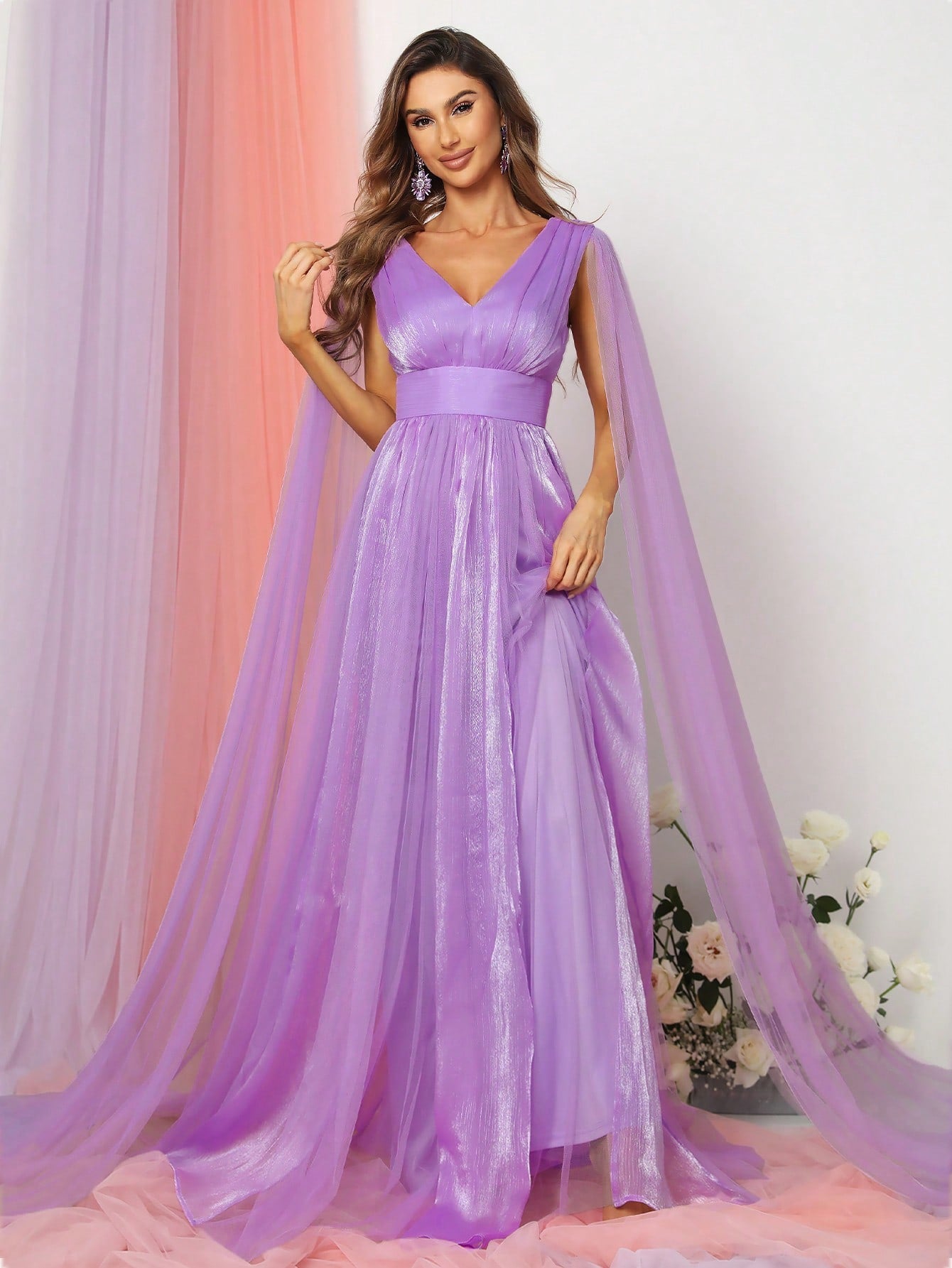 Plunging Neck A Line Bridesmaid dress With Cape