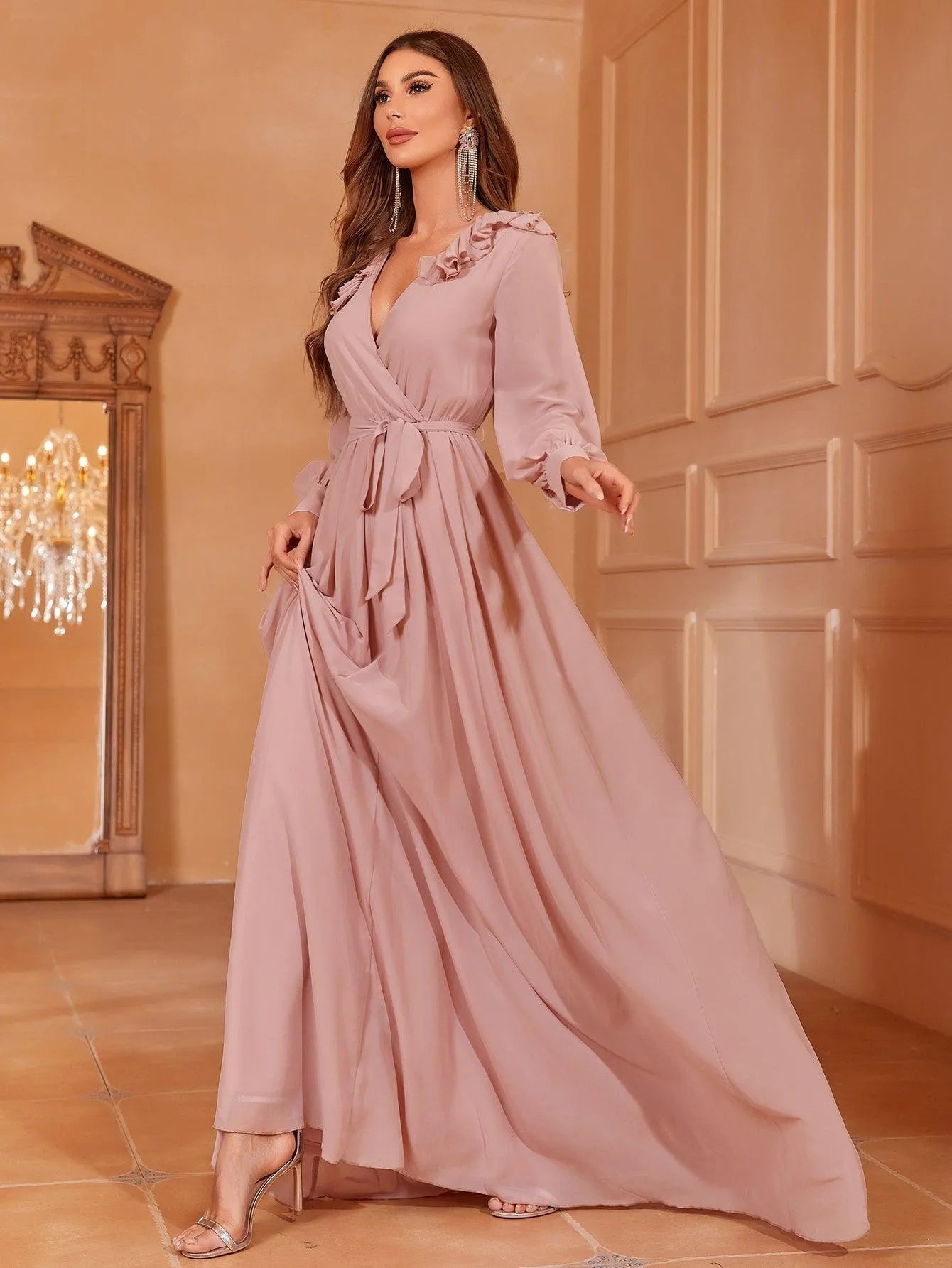 Solid Bishop Sleeves Chiffon Belted Dress