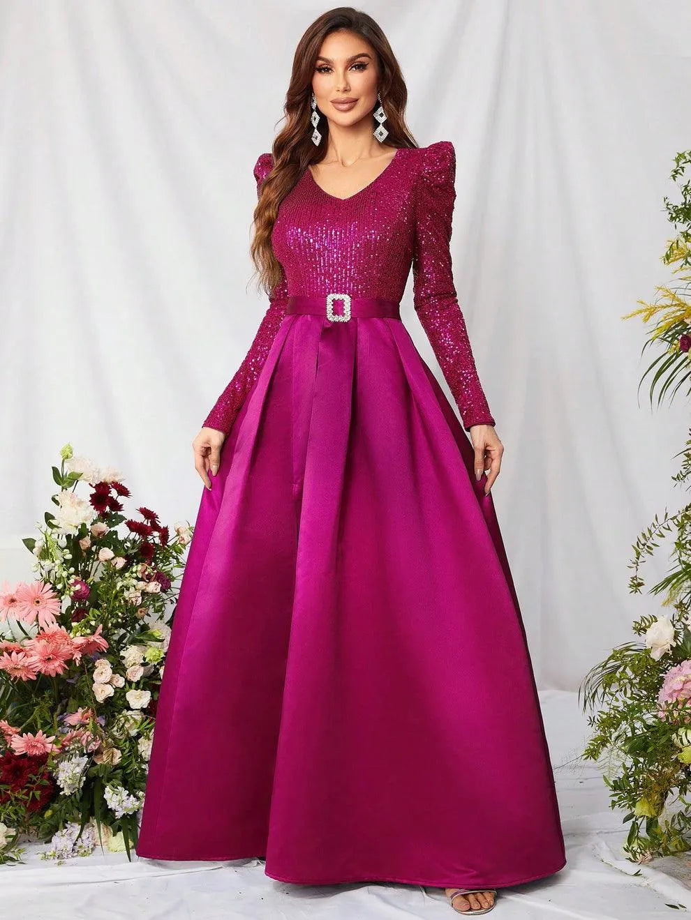 Elegant V Neck Gigot Sleeve Slit A Line Prom Dress