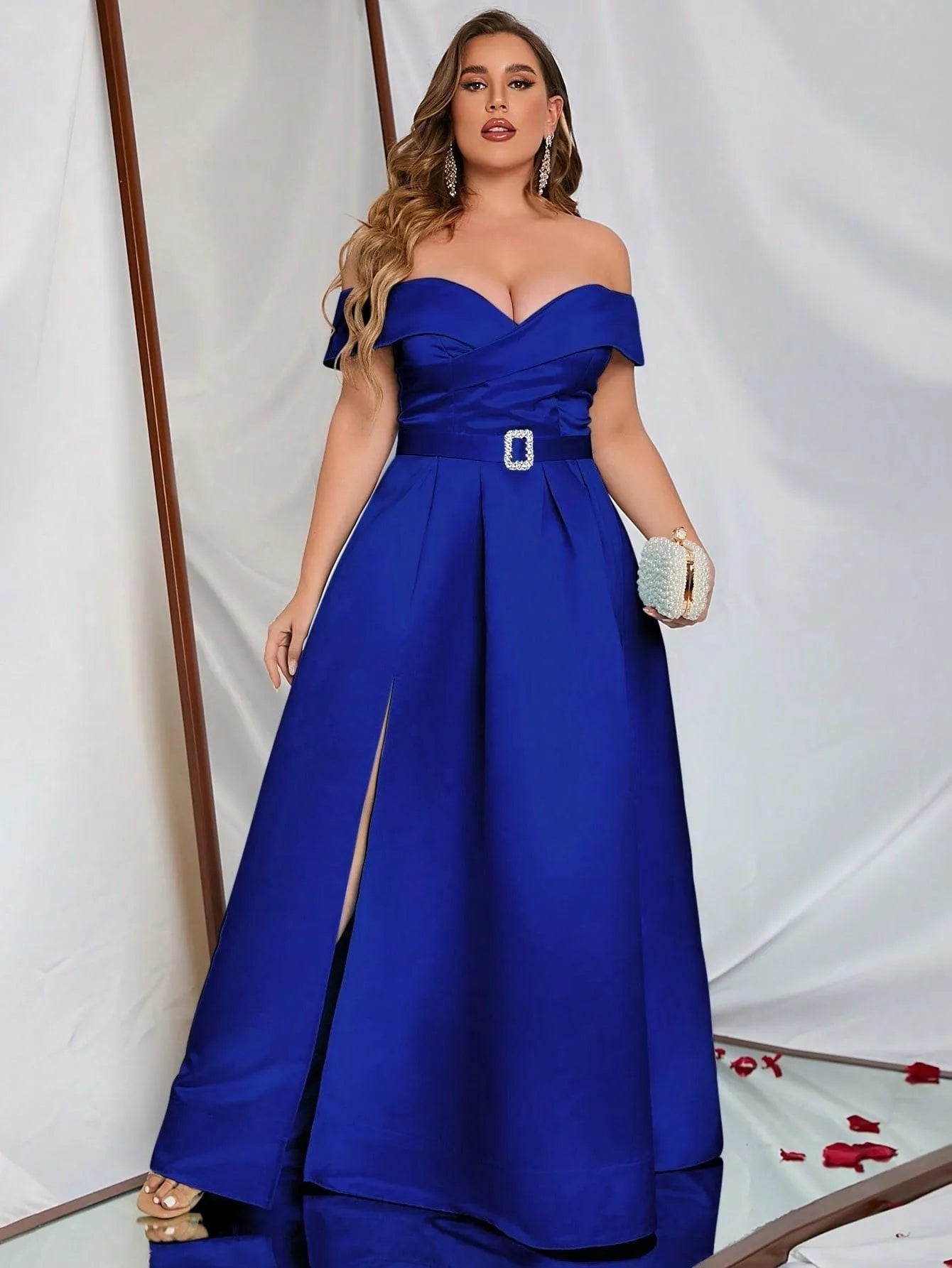 Plus Off Shoulder Buckle Belted Satin Ball Gown