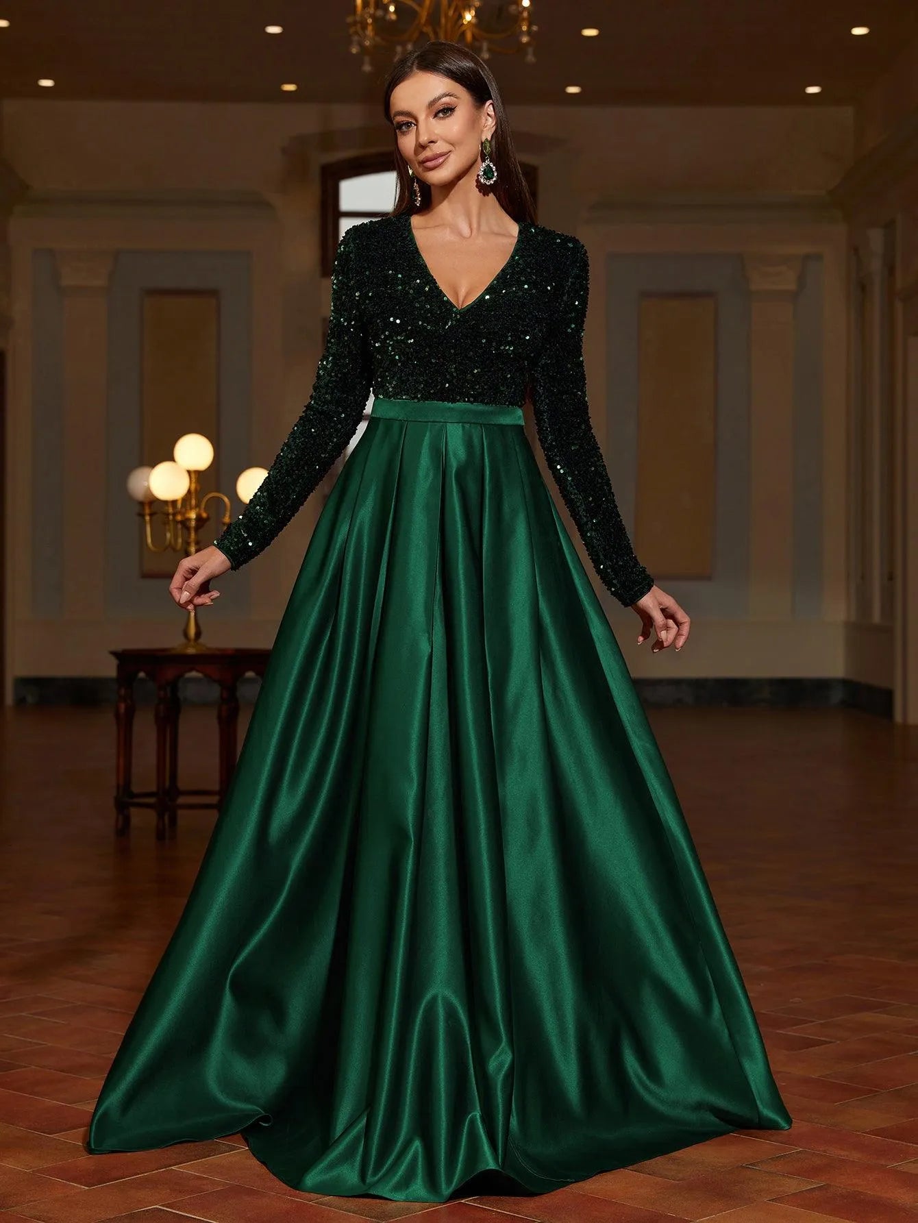 Plunging Neck Contrast Satin Sequin Formal Dress