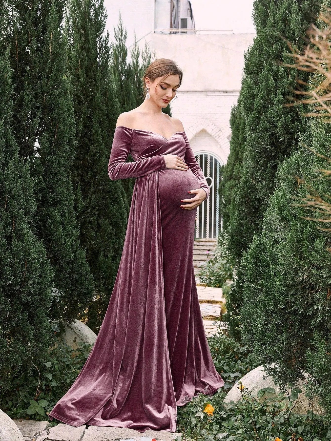 Maternity Off Shoulder Velvet Mermaid Prom Dress