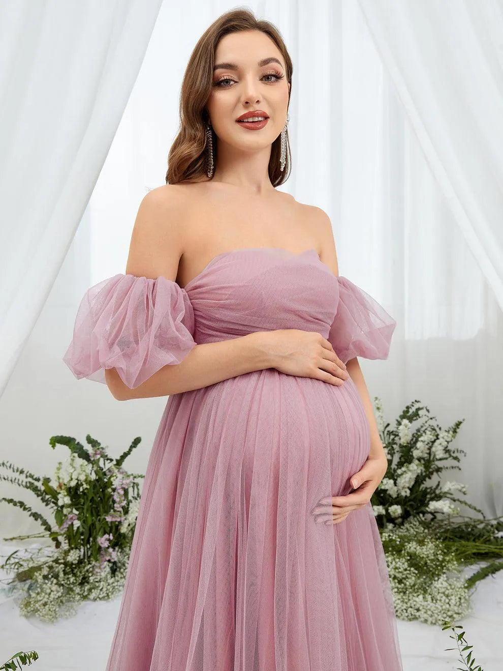 Maternity Off Shoulder Puff Sleeve Mesh Overlay Dress