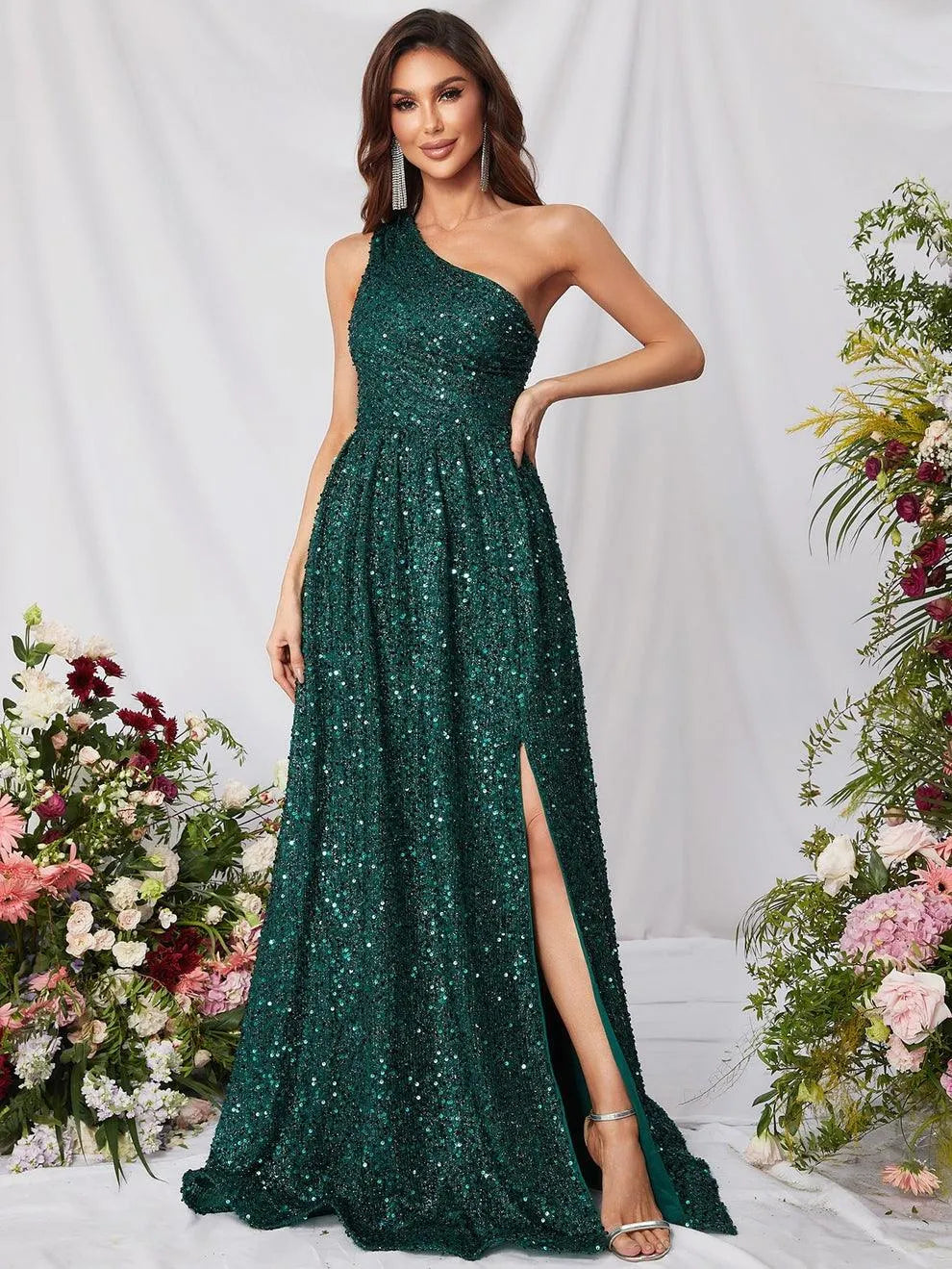 Elegant One Shoulder Sleeveless Sequin A Line Dresses