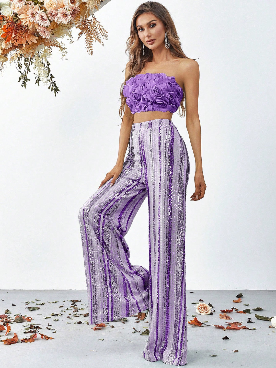 3D Flower Tube Top & Sequin Wide Leg Pants