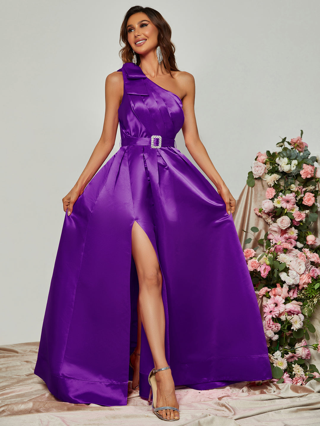 Elegant One Shoulder Sleeveless Satin A line Dresses