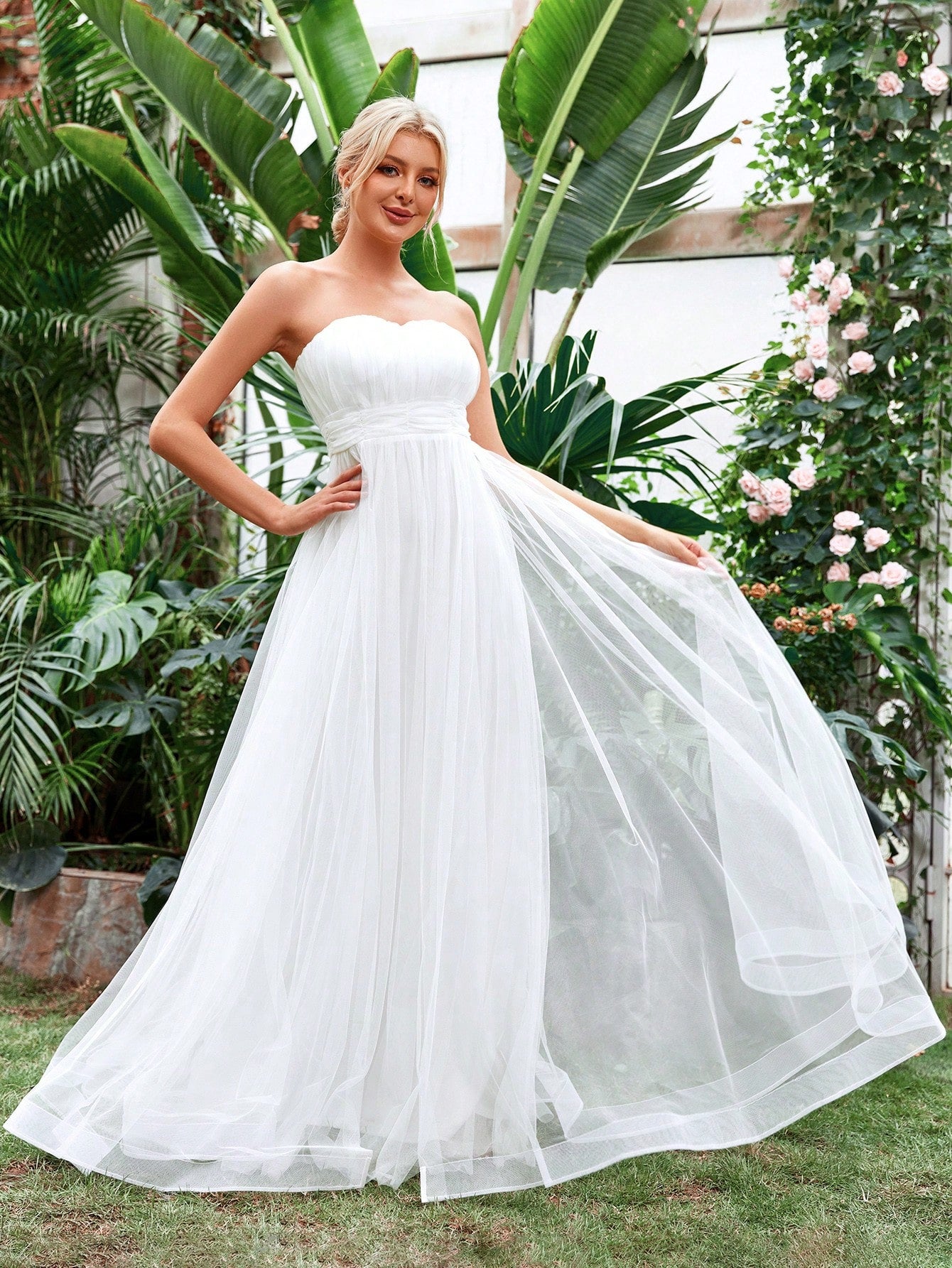 Ruched Waist Mesh Tube Wedding Dress