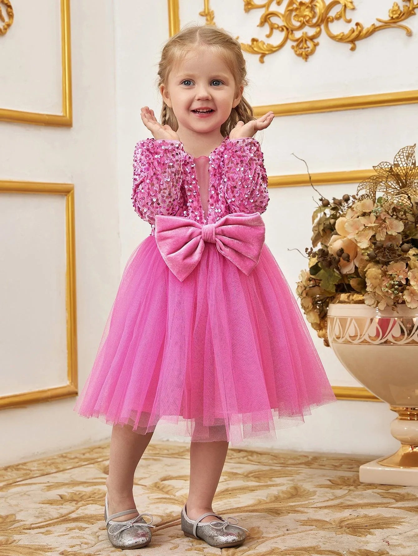 Young Girls' Cute Bow Front Long Sleeve Party Dress