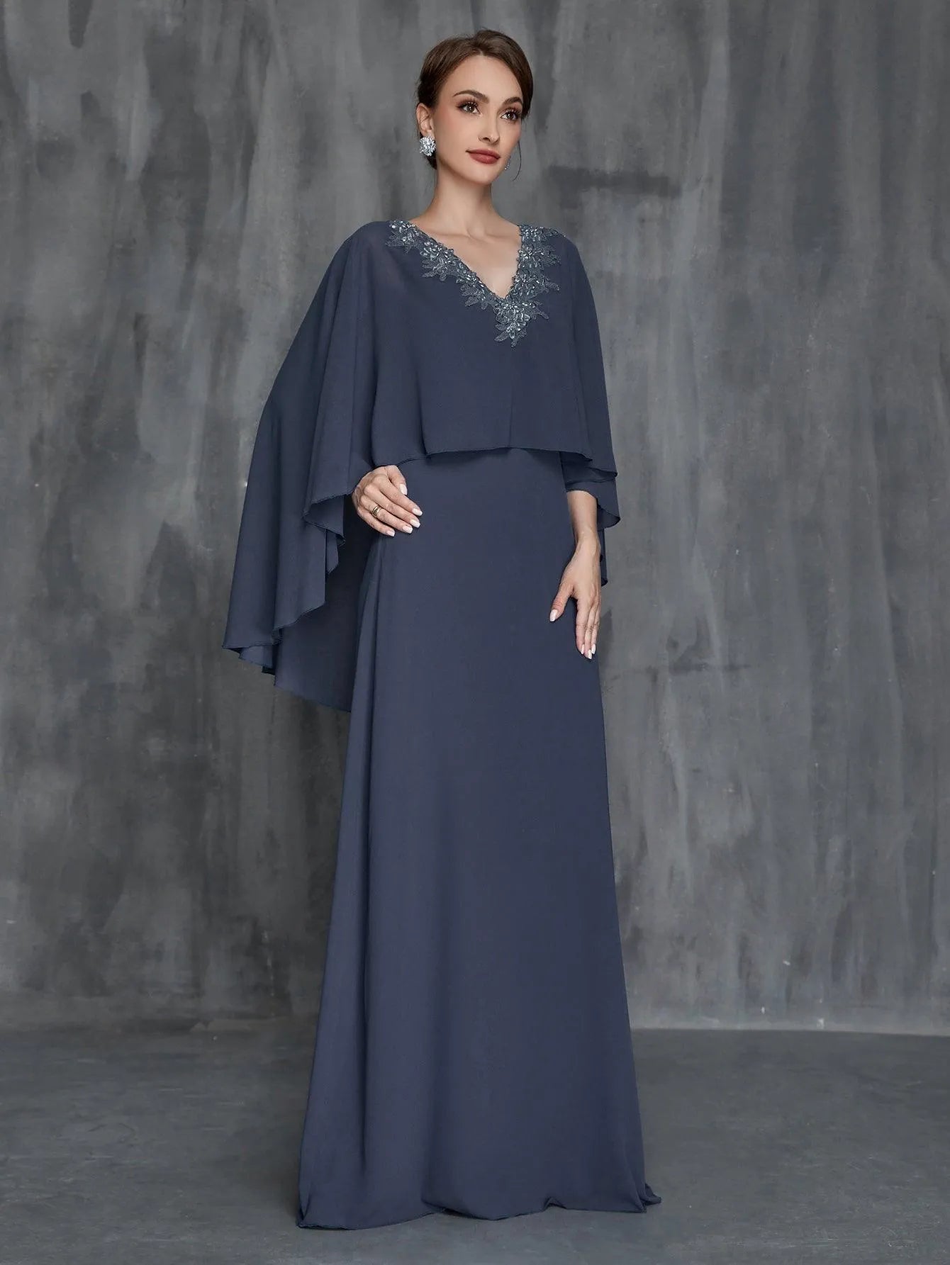 Womens' Solid Applique Detail V Neck Chiffon Cape Dress