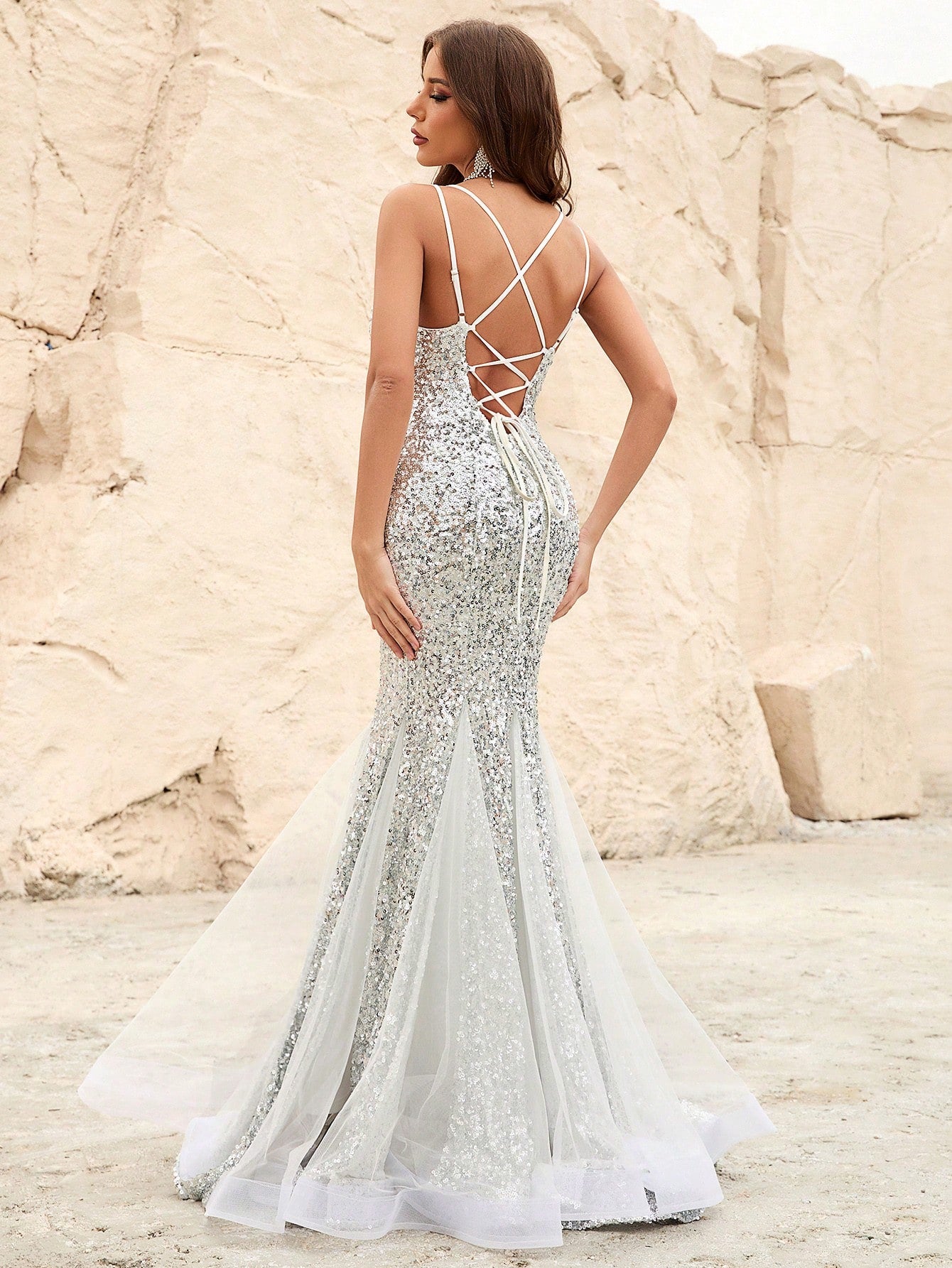 Back Lace Up Mesh Insert Sequin Mermaid Dresses