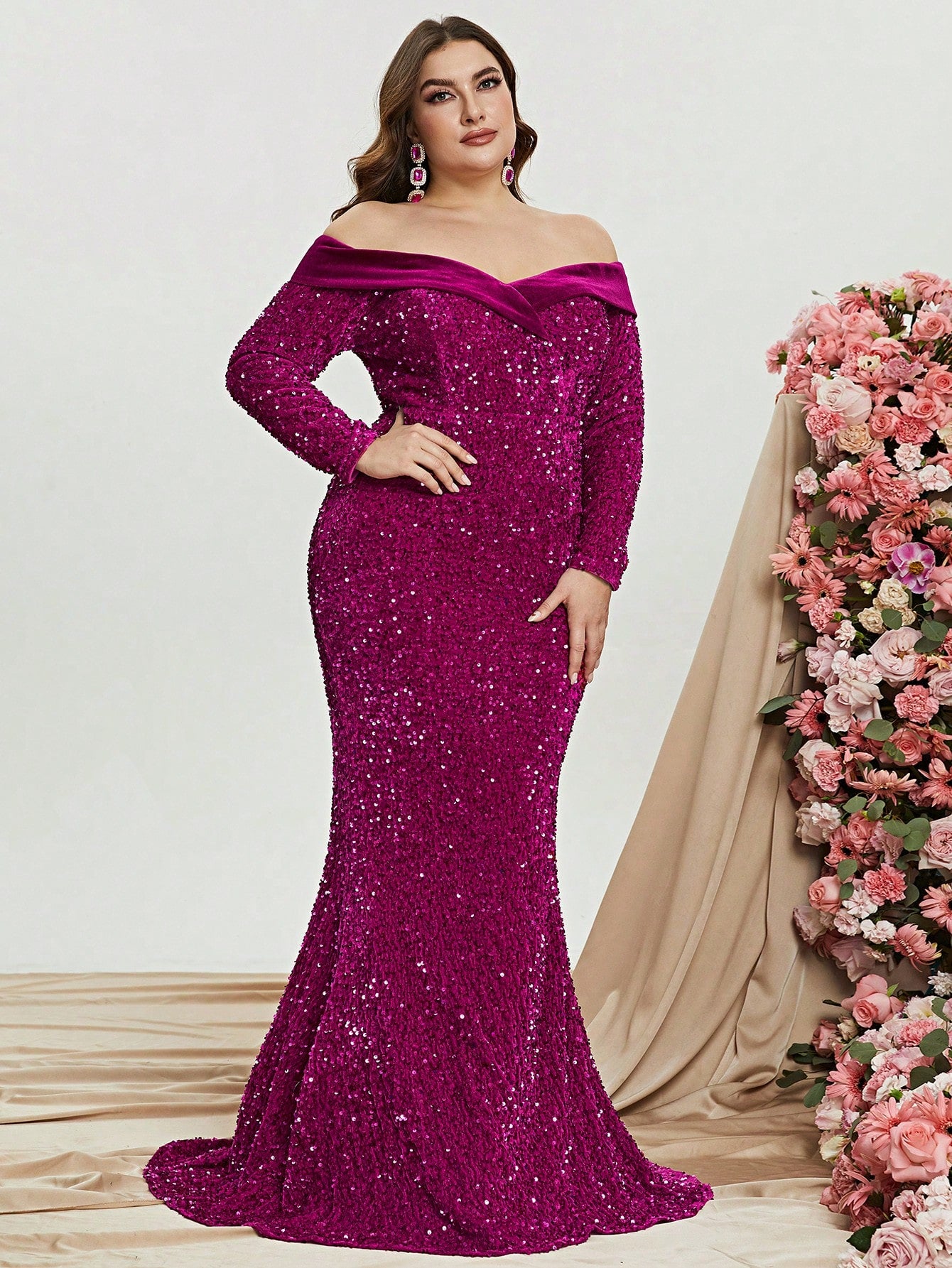 Plus Off Shoulder Long Sleeve Sequin Mermaid Dresses