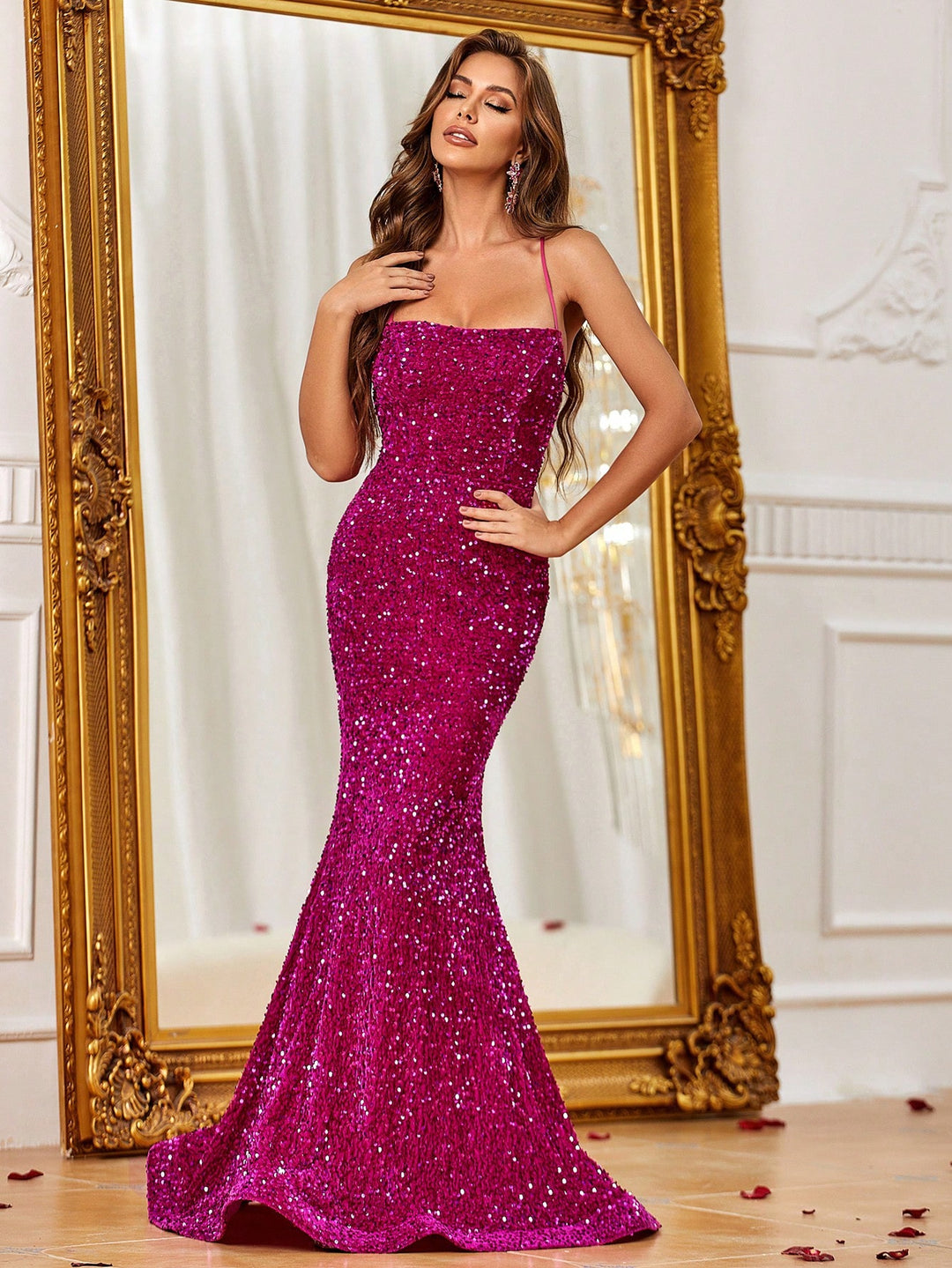 Spaghetti Strap Lace Up Back Sequin Mermaid Dress