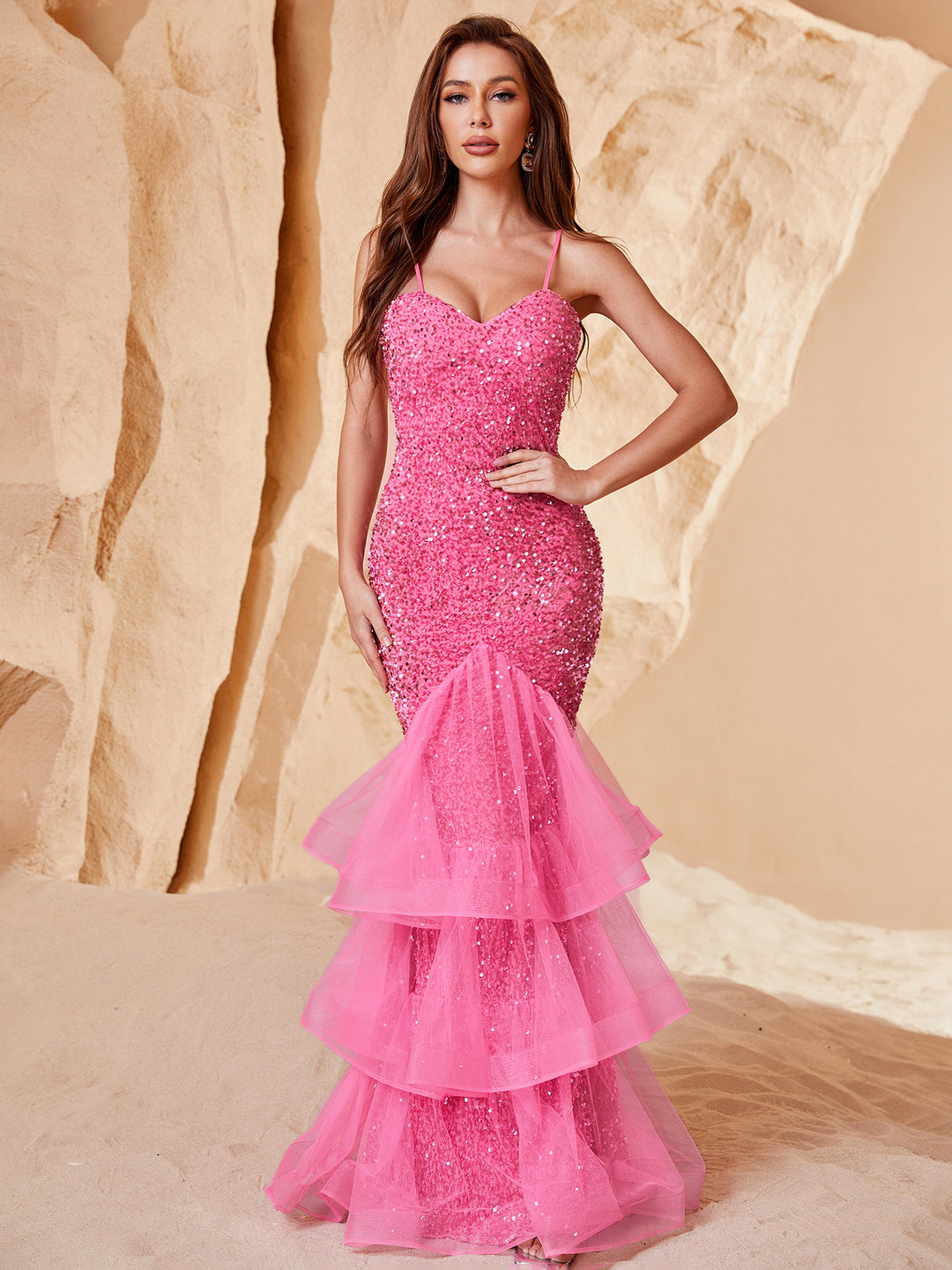 Back Cut Out Sleeveless Sequin Layered Mermaid Dress