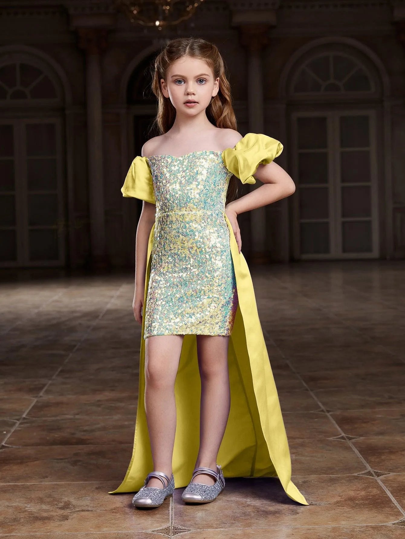 Tween Girls' Off Shoulder Puff Sleeves Satin Overlay Sequin Party Dress