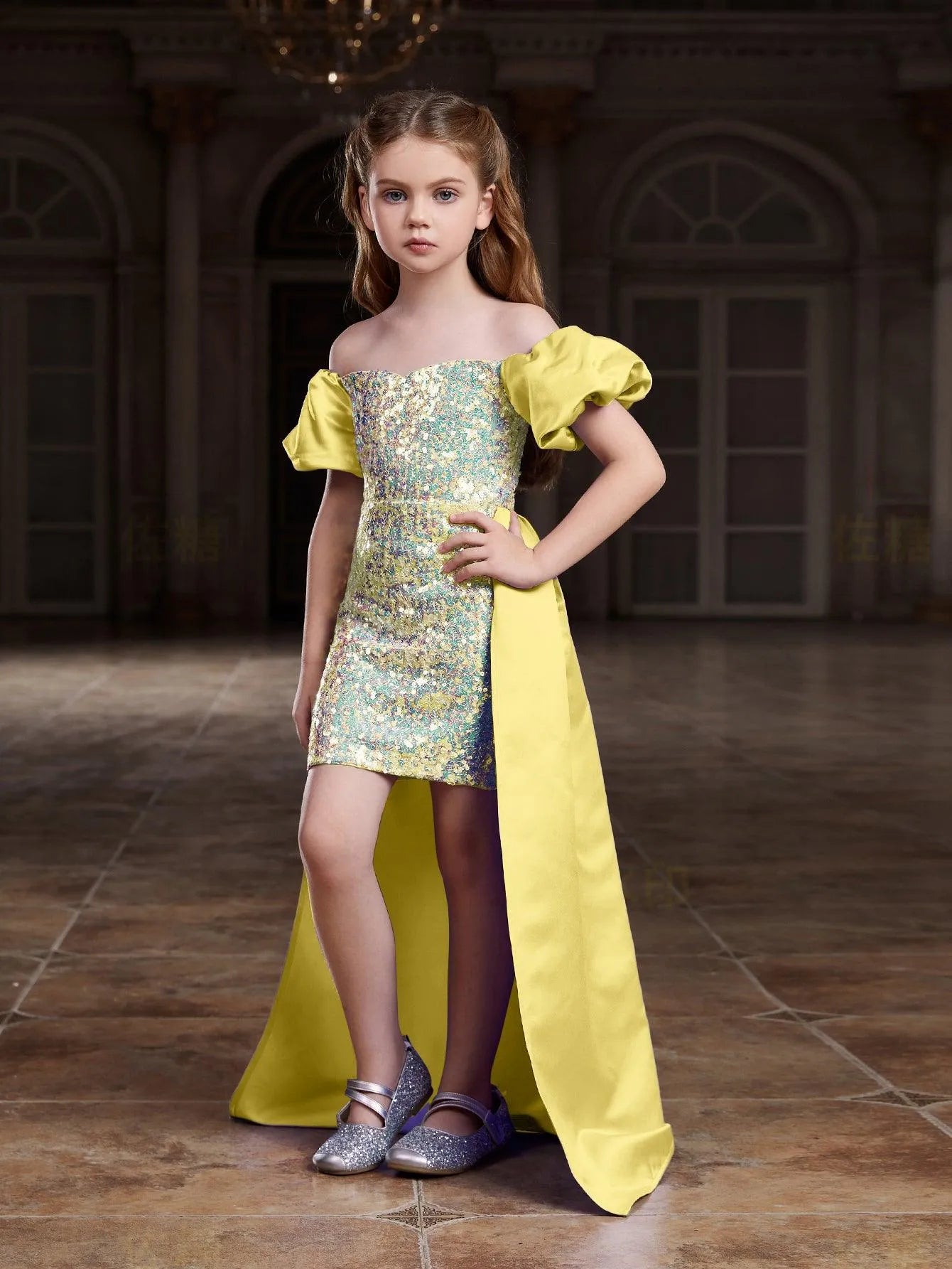 Tween Girls' Off Shoulder Puff Sleeves Satin Overlay Sequin Party Dress