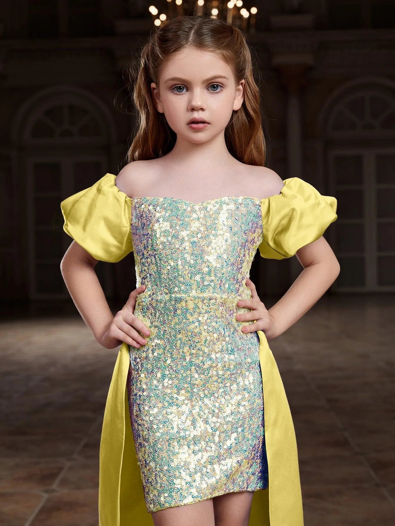 Tween Girls' Off Shoulder Puff Sleeves Satin Overlay Sequin Party Dress