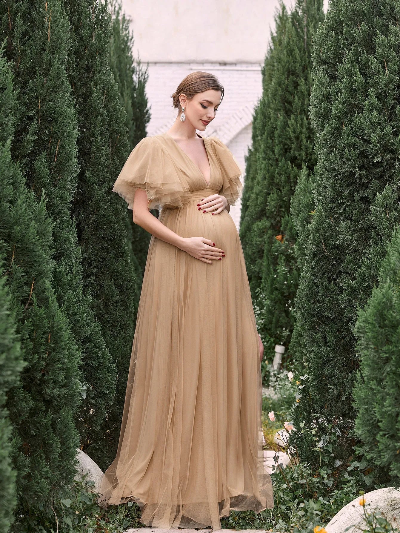 Maternity V Neck Layered Ruffle Sleeves Split Prom Dress