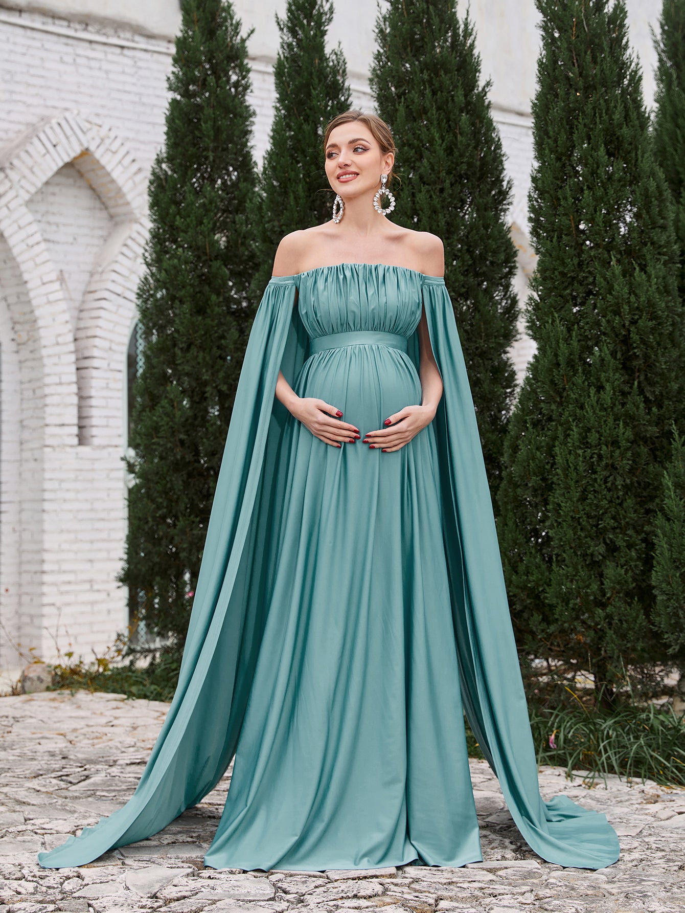 Maternity Off Shoulder Cape Sleeves Maxi Prom Dress