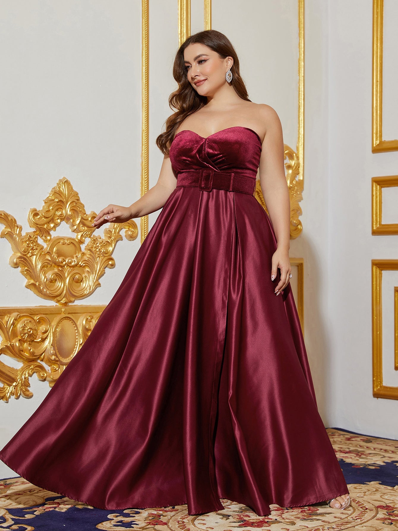 Plus Velvet Bodice Contrast Satin Hem Tube Prom Dress