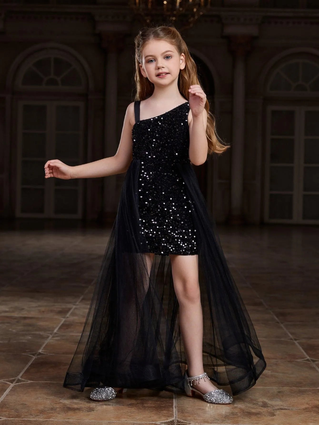 Tween Girls' Asymmetrical Neckline Mesh Overlay Sequin Dress