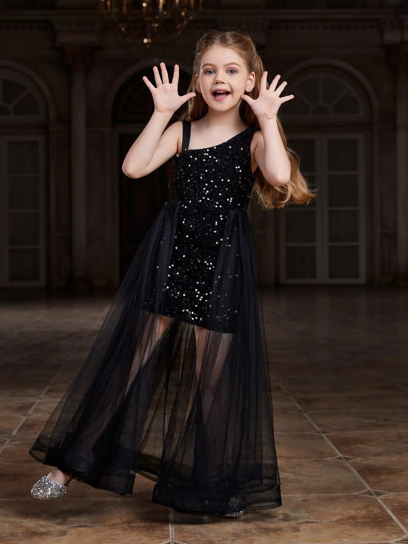 Tween Girls' Asymmetrical Neckline Mesh Overlay Sequin Dress