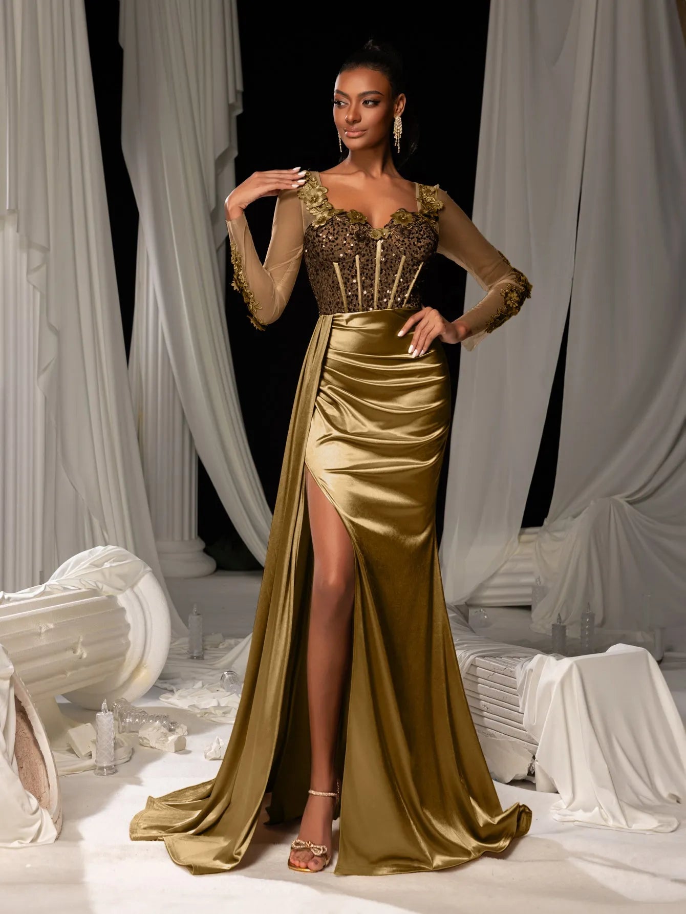 Elegant Sequin Bodice Sheer Sleeves Mermaid Hem Satin Evening Dress