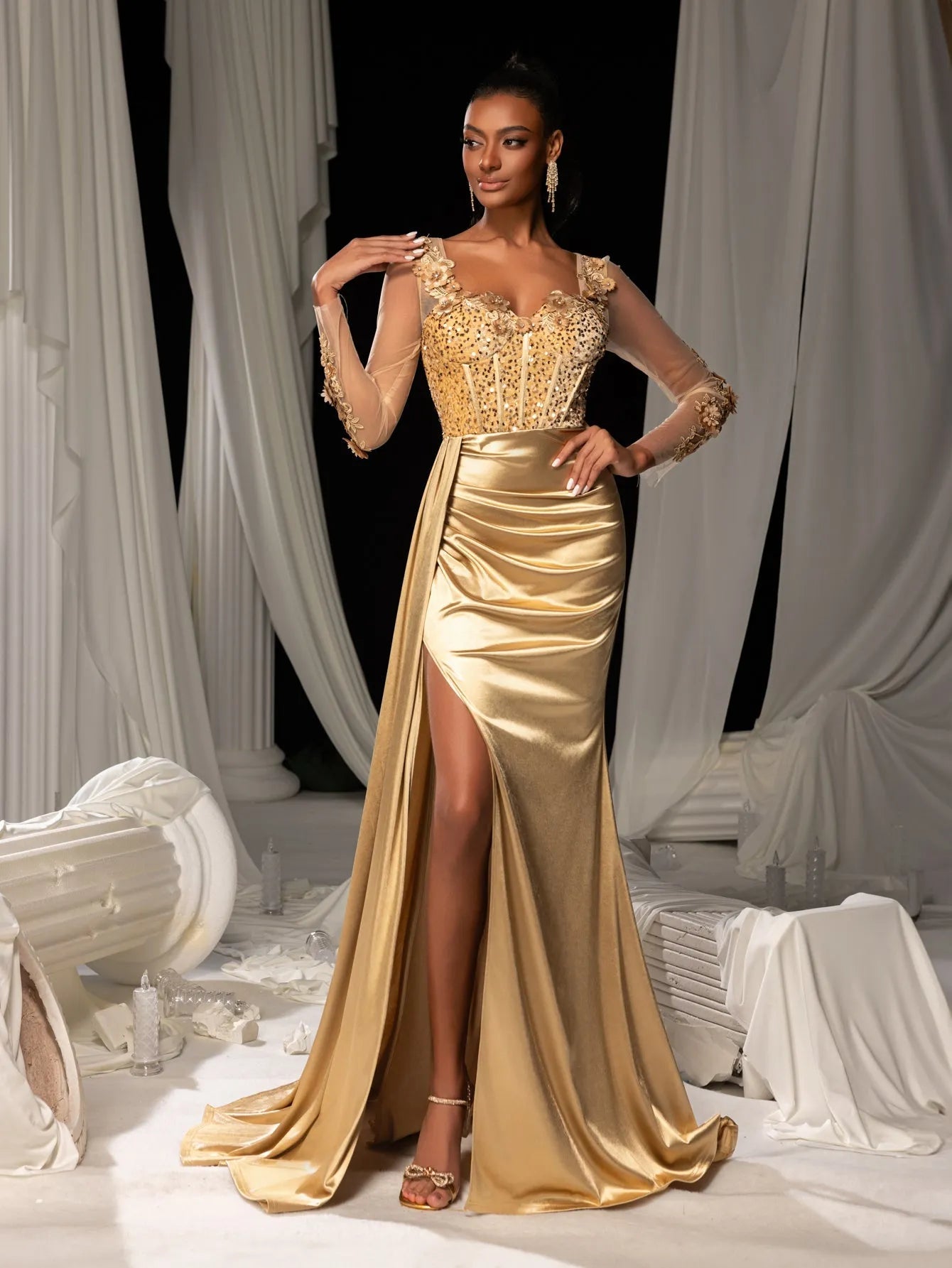 Elegant Sequin Bodice Sheer Sleeves Mermaid Hem Satin Evening Dress