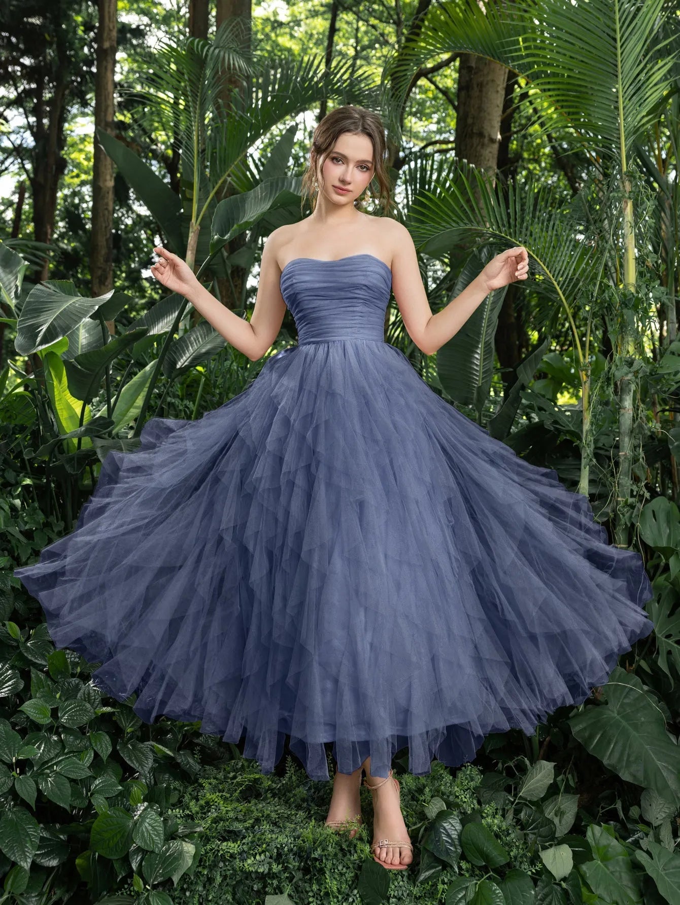 Midi Ruched Bustier Cascading Ruffle Hem Tulle Party Tube Dress