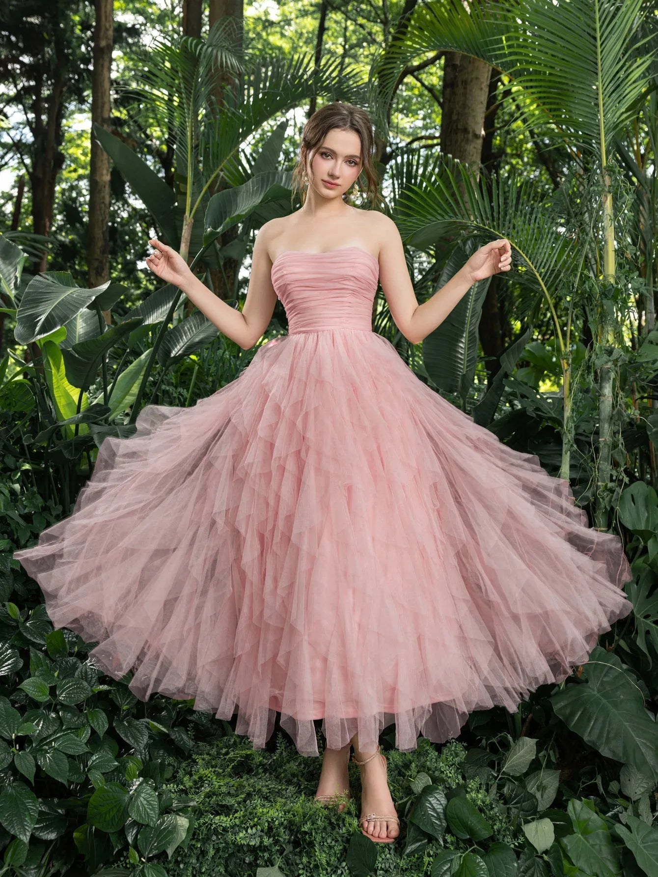 Midi Ruched Bustier Cascading Ruffle Hem Tulle Party Tube Dress