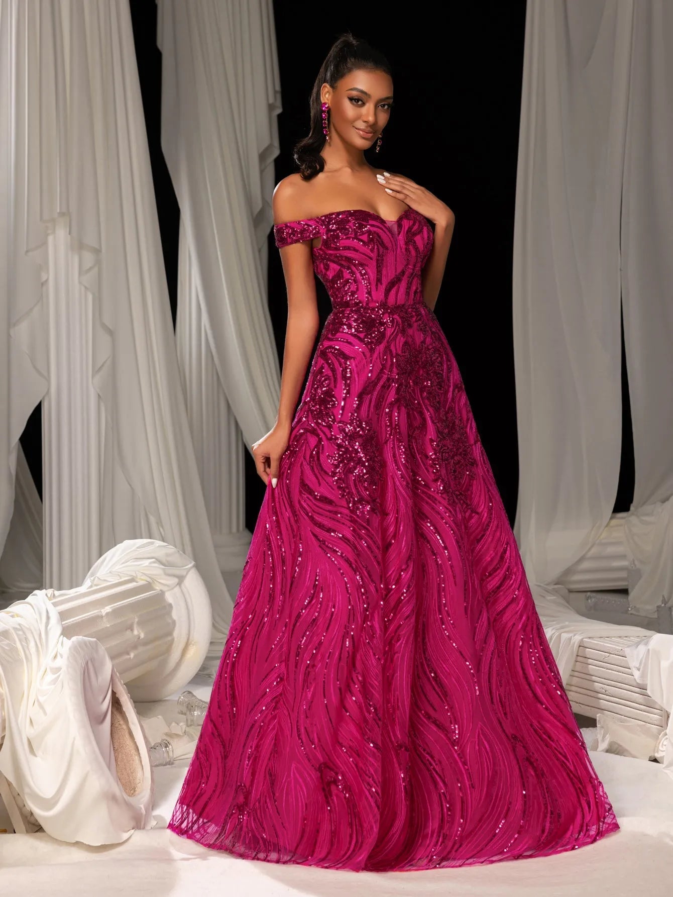 Elegant Off Shoulder Graphic Sequin Formal Prom Dress