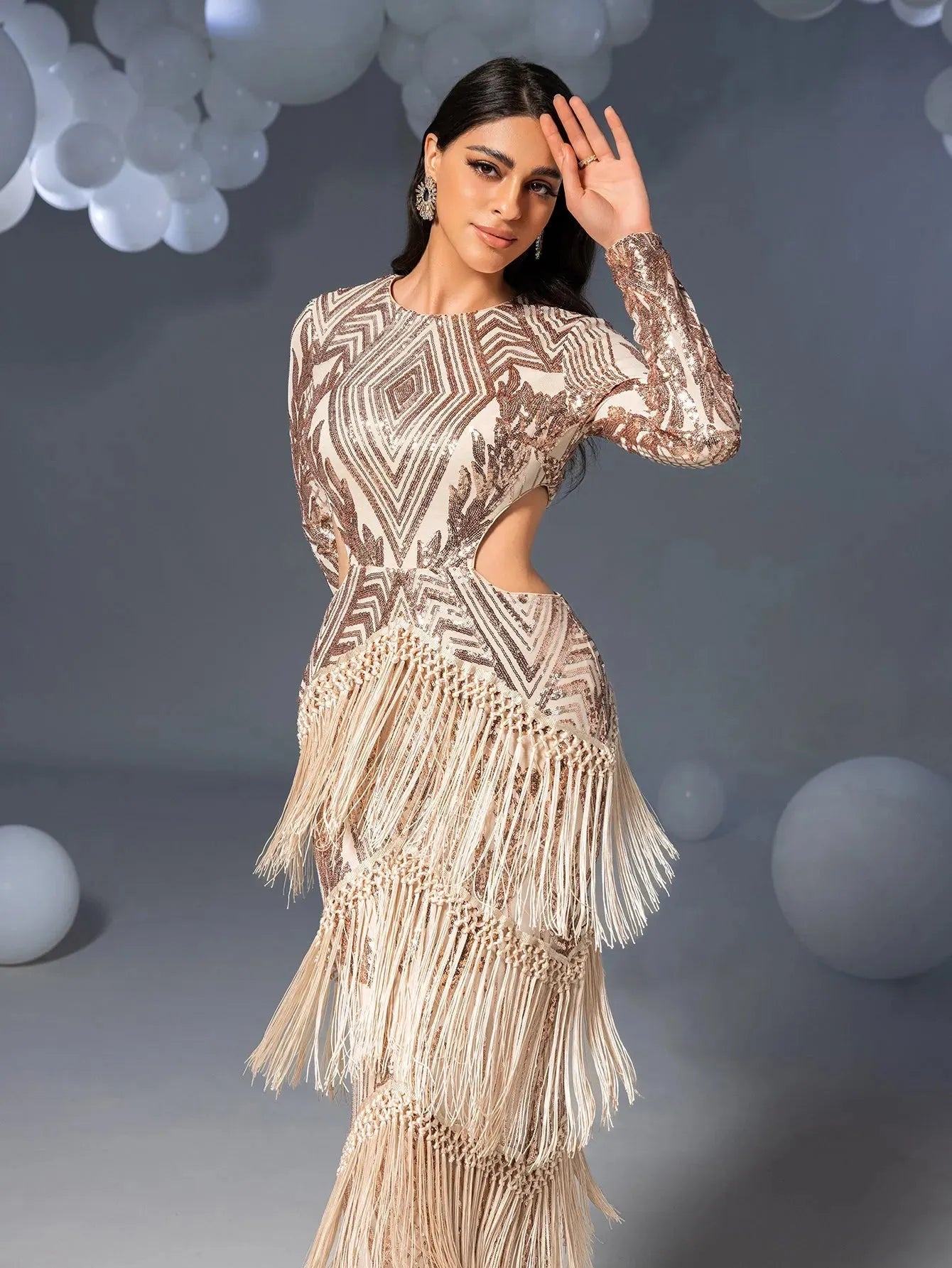 Gorgeous Cut Out Waist Fringed Sequin Party Dress