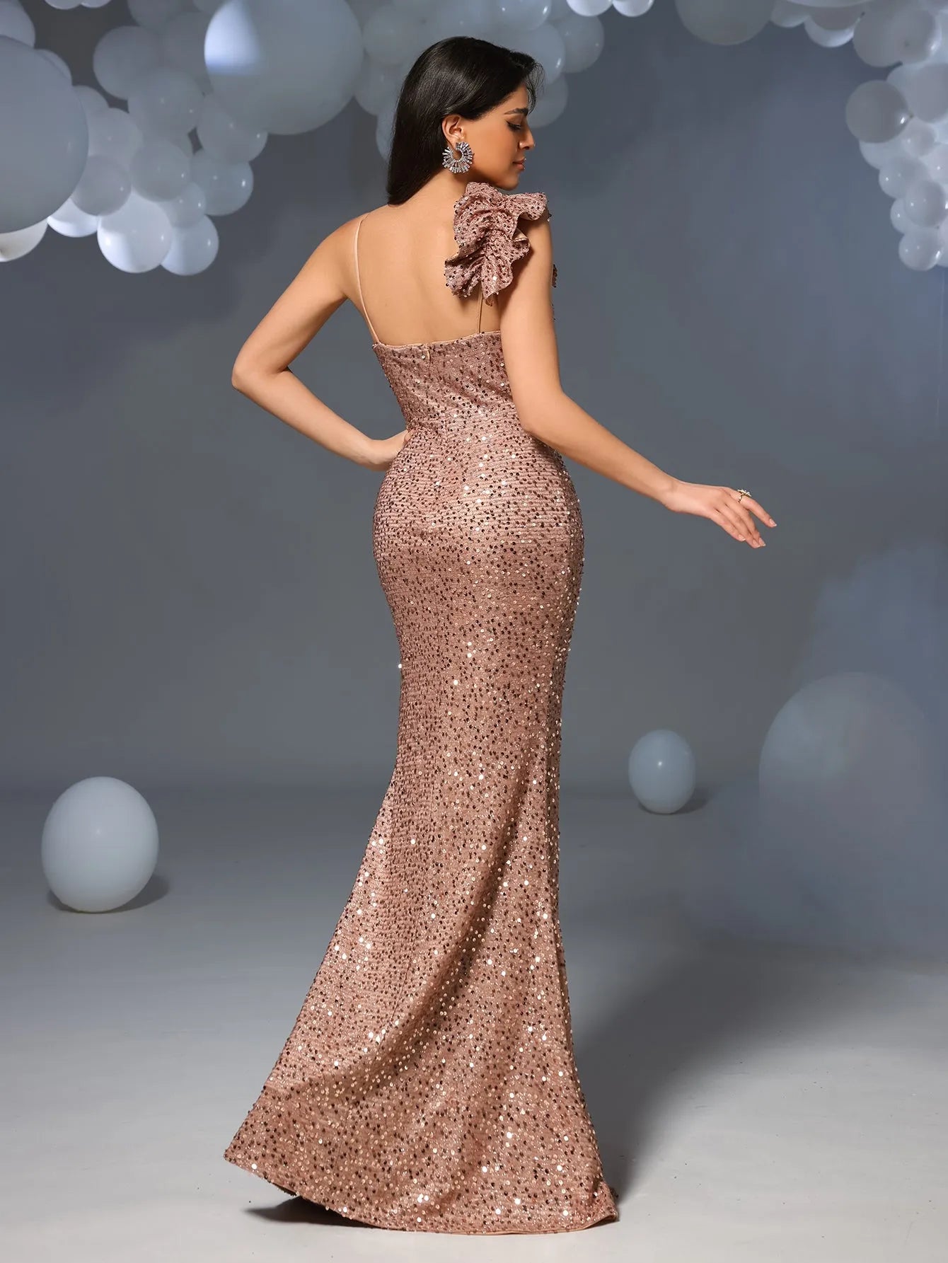 Elegant Asymmetrical Straps Split Mermaid Hem Sequin Evening Dress