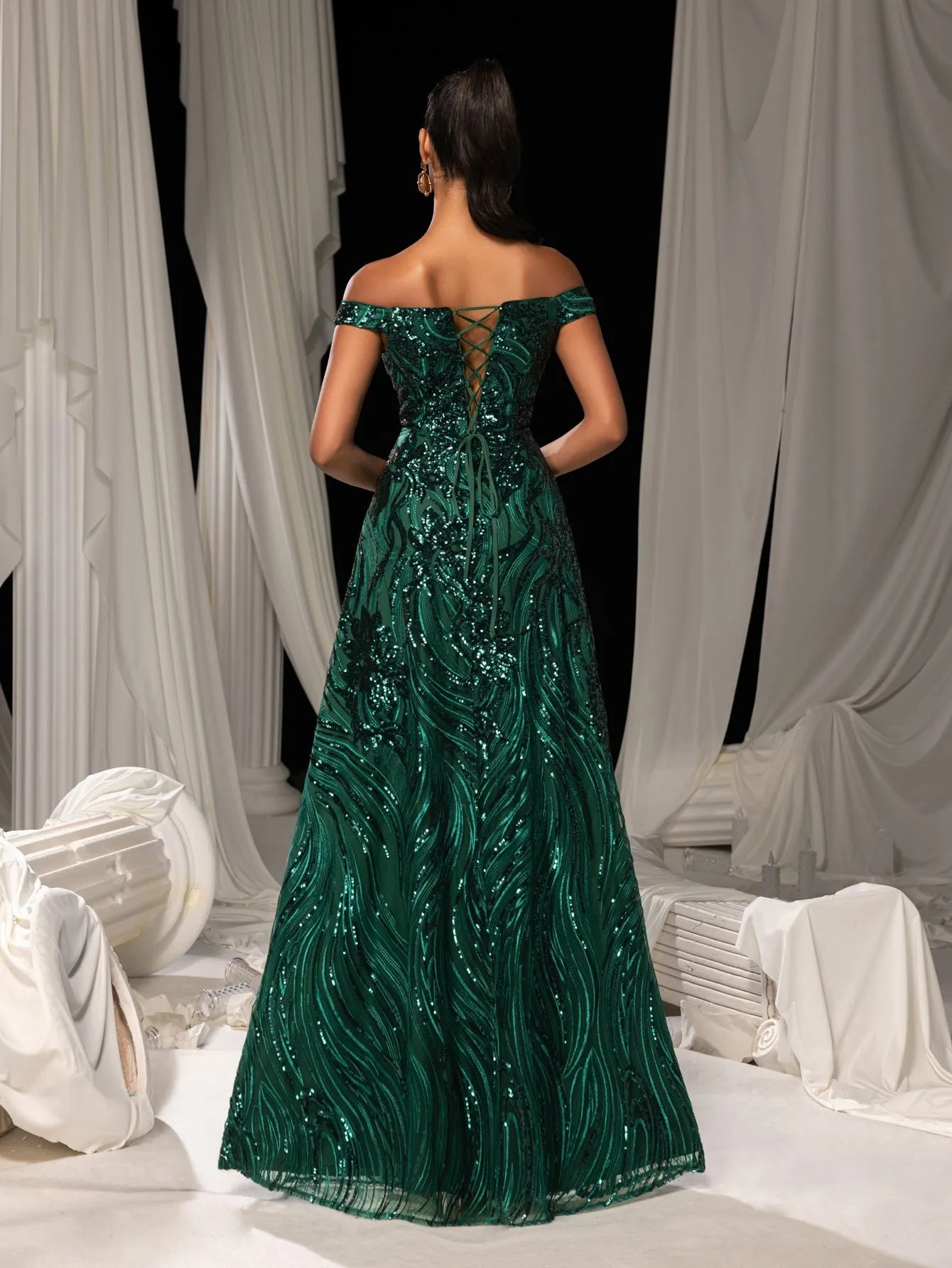 Elegant Off Shoulder Graphic Sequin Formal Prom Dress